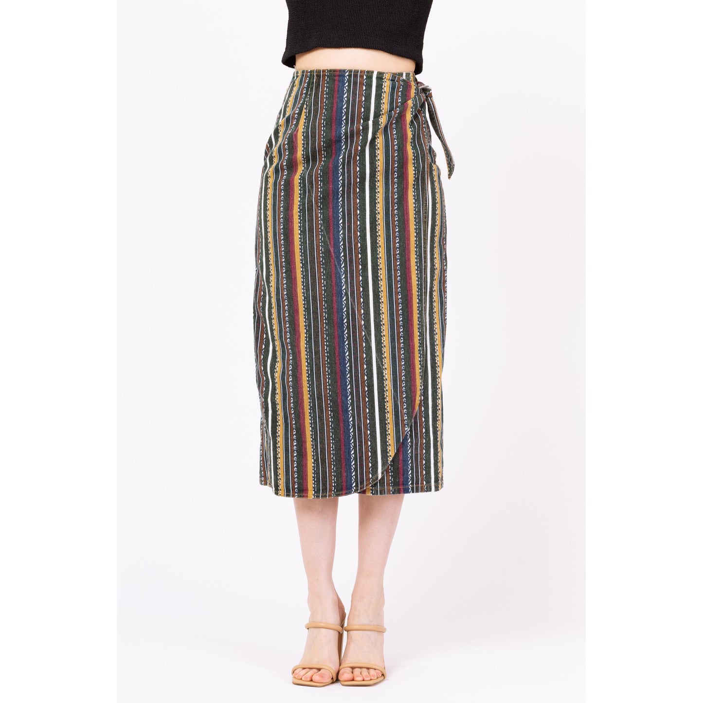Vintage 90s Southwestern Striped Denim Midi Wrap Skirt - Extra Small, 24" Waist | High Waisted Green Earth Tone Boho Grunge Jean Skirt