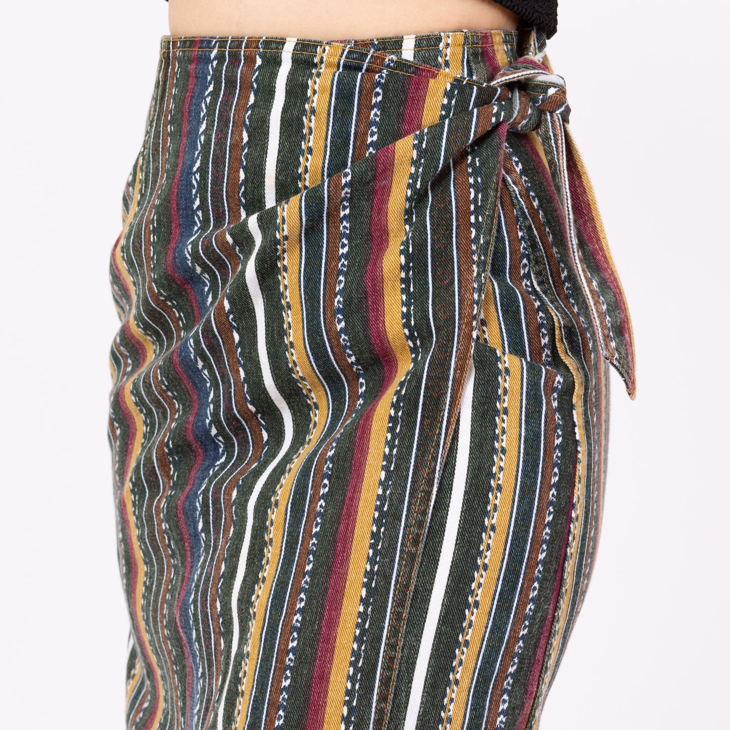 Vintage 90s Southwestern Striped Denim Midi Wrap Skirt - Extra Small, 24" Waist | High Waisted Green Earth Tone Boho Grunge Jean Skirt