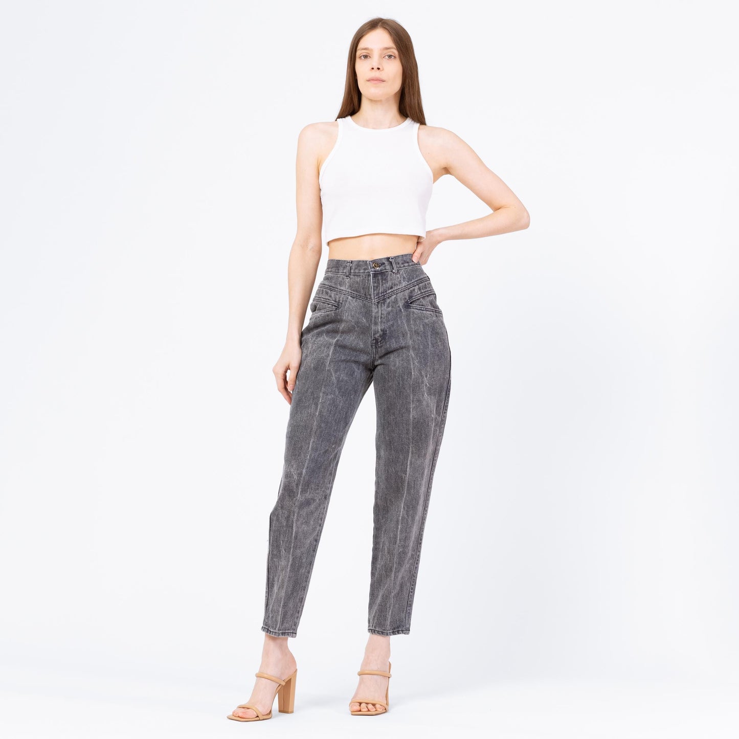 Vintage 80s Slate Grey Acid Wash Jeans - Small, 26" Waist | High Waisted Ribbed Denim Slant Pocket Yoked Streetwear Mom Jeans