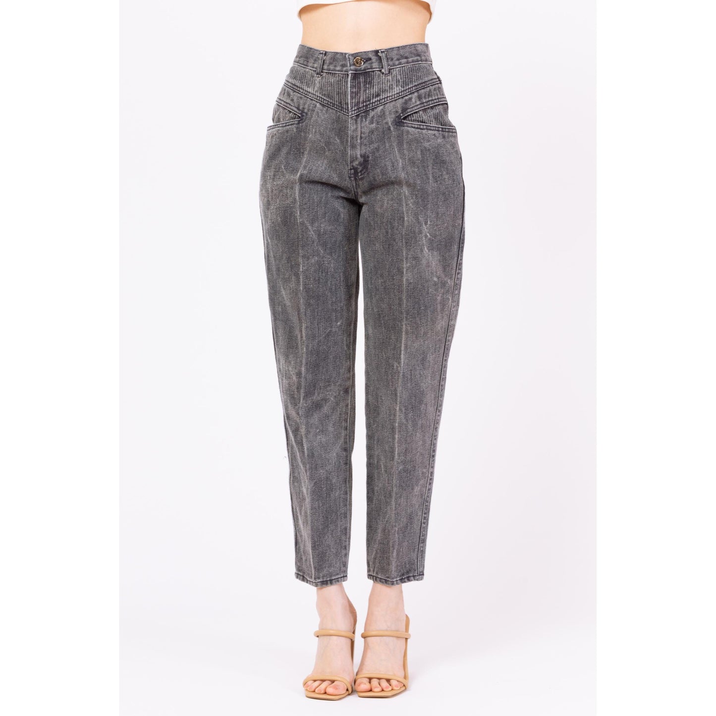 Vintage 80s Slate Grey Acid Wash Jeans - Small, 26" Waist | High Waisted Ribbed Denim Slant Pocket Yoked Streetwear Mom Jeans