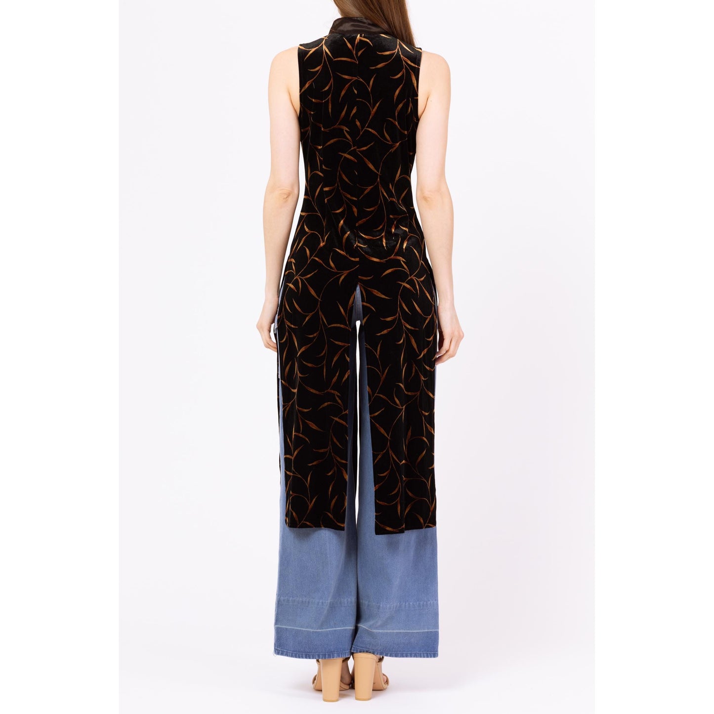 Vintage 90s Black & Gold Velvet Gothic Duster Top - Small | Cache Leaf Print Mandarin Collar Tailcoat, Witchy Long Tunic Vest