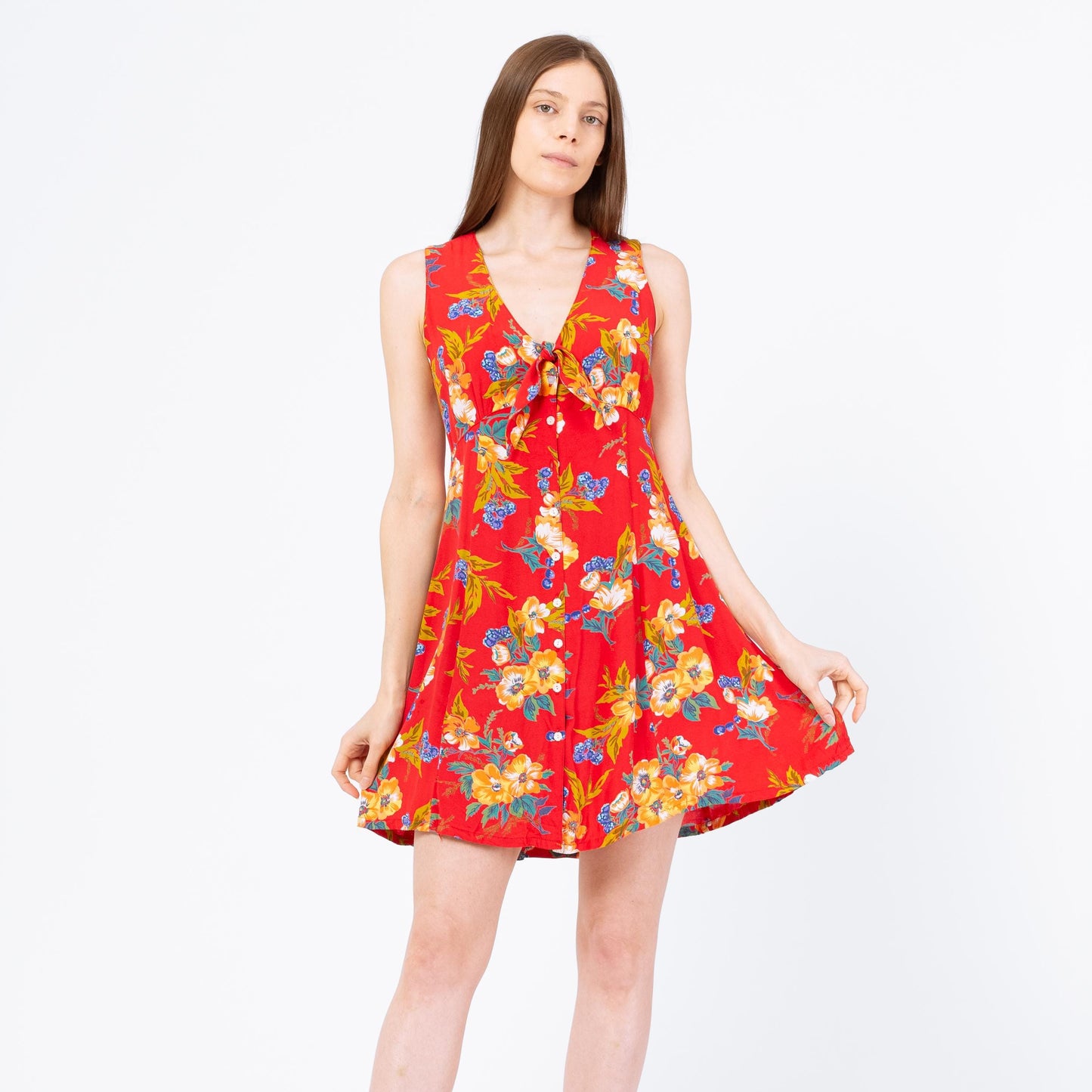 Vintage 90s Red Tropical Floral Tie Front Mini Sundress - Small | Boho Flower Print Sleeveless Button Up Summer Dress