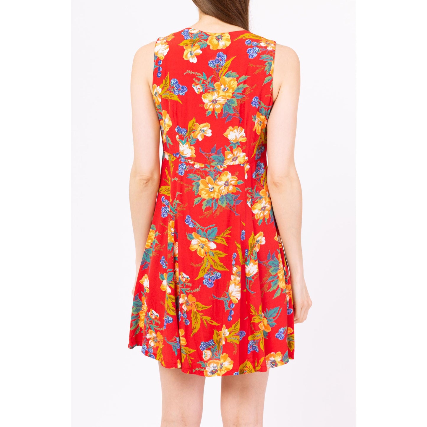 Vintage 90s Red Tropical Floral Tie Front Mini Sundress - Small | Boho Flower Print Sleeveless Button Up Summer Dress
