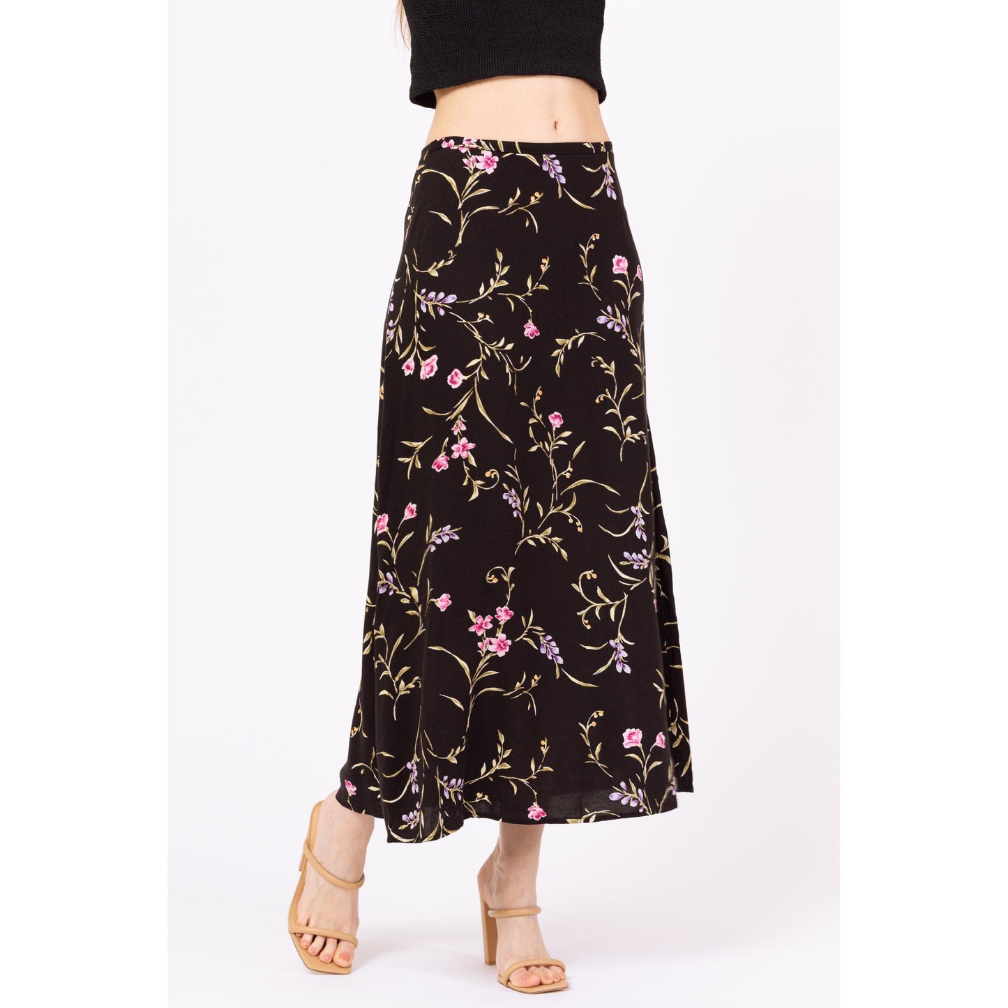 Vintage 90s Black Floral Boho Maxi Skirt - Medium, 28"-30" | High Waisted Grunge Long Spring Summer Rayon Skirt
