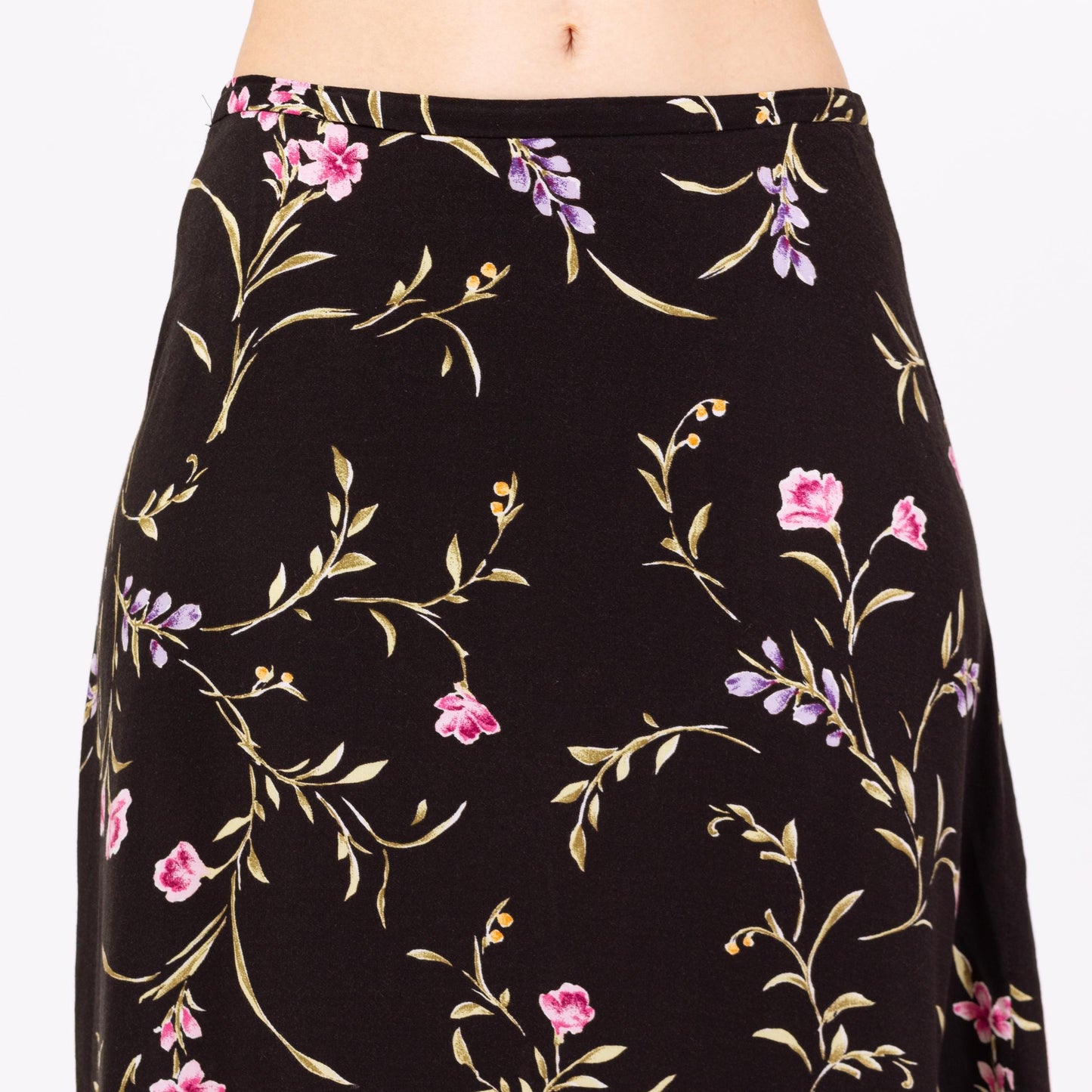 Vintage 90s Black Floral Boho Maxi Skirt - Medium, 28"-30" | High Waisted Grunge Long Spring Summer Rayon Skirt