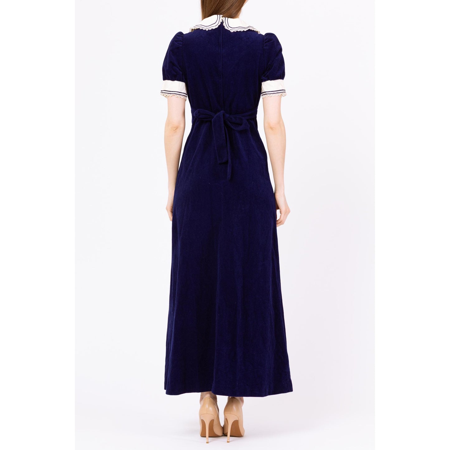 Vintage 70s Navy Blue Velour Sailor Collar Maxi Dress - Extra Small | Gothic A Line Babydoll Gown, Romantic Dark Academia Party Dress