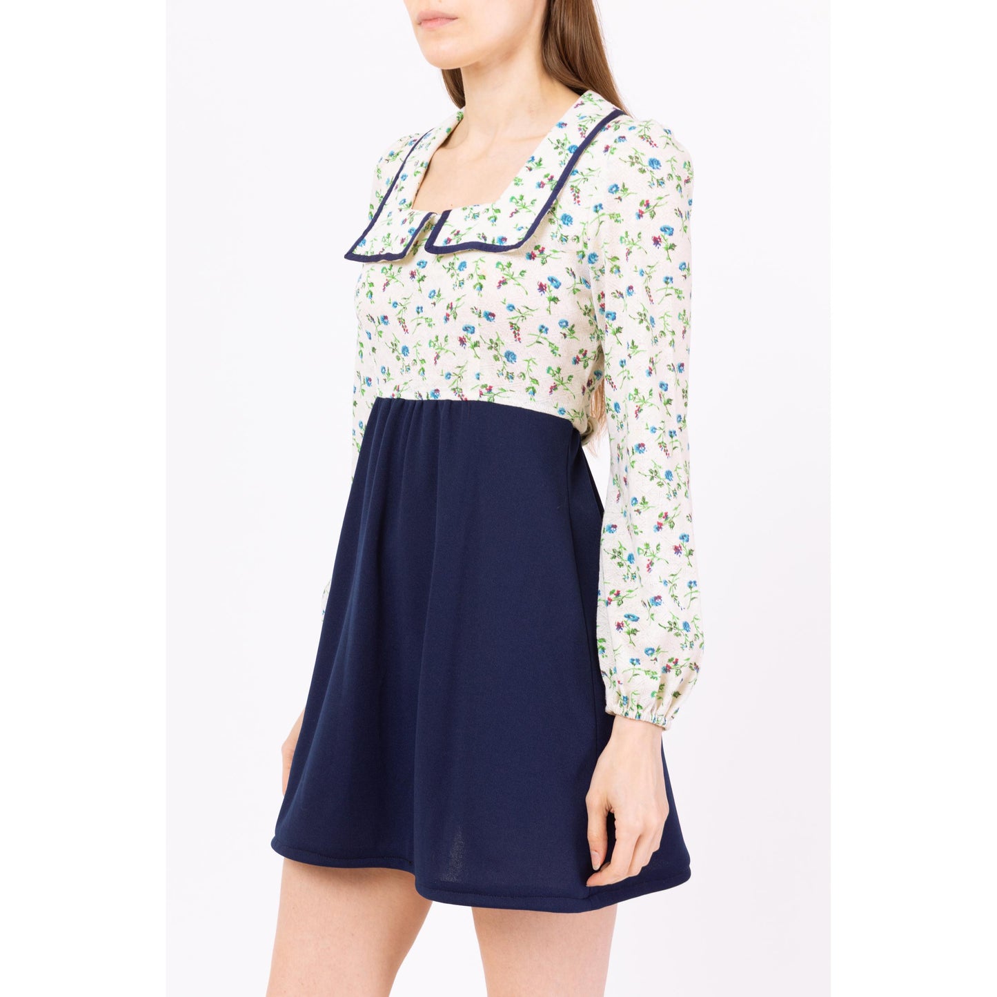 Vintage 70s Floral Sailor Collar Babydoll Mini Dress - Small | White & Blue Retro A Line Long Sleeve Cottagecore Dress