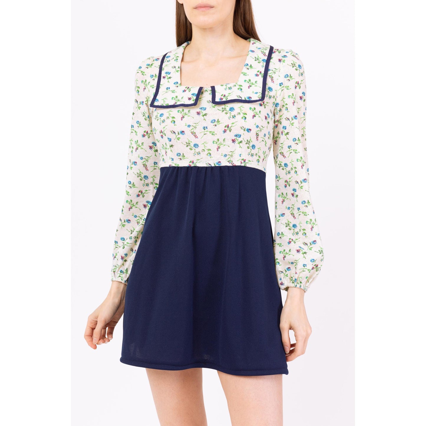 Vintage 70s Floral Sailor Collar Babydoll Mini Dress - Small | White & Blue Retro A Line Long Sleeve Cottagecore Dress