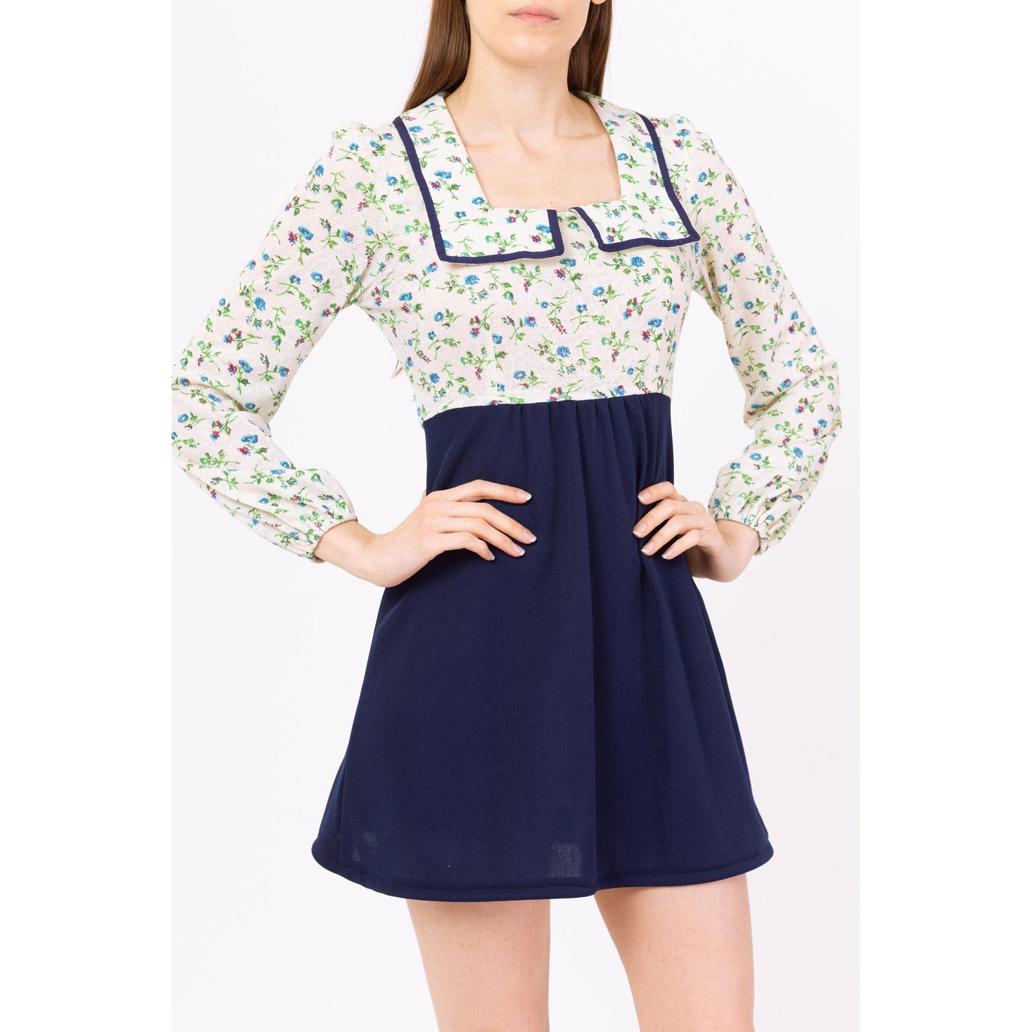 Vintage 70s Floral Sailor Collar Babydoll Mini Dress - Small | White & Blue Retro A Line Long Sleeve Cottagecore Dress