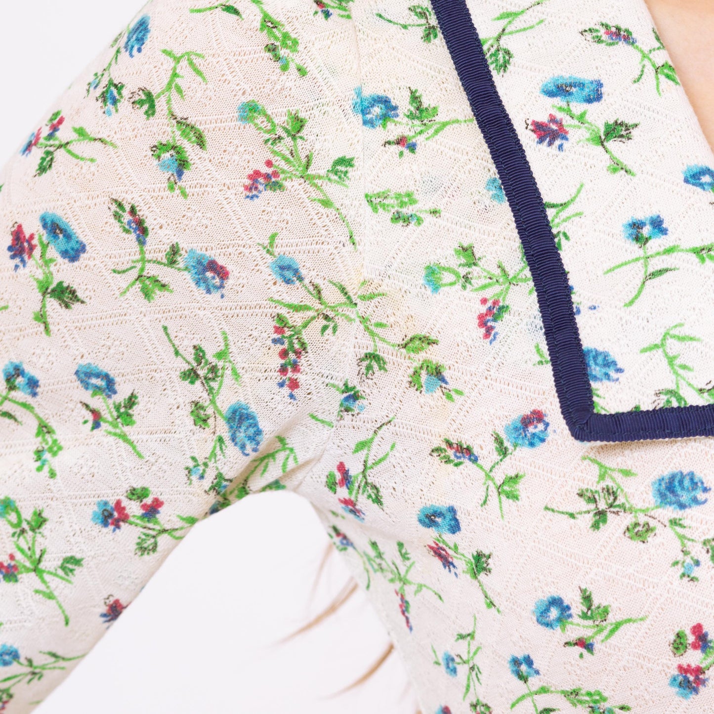 Vintage 70s Floral Sailor Collar Babydoll Mini Dress - Small | White & Blue Retro A Line Long Sleeve Cottagecore Dress