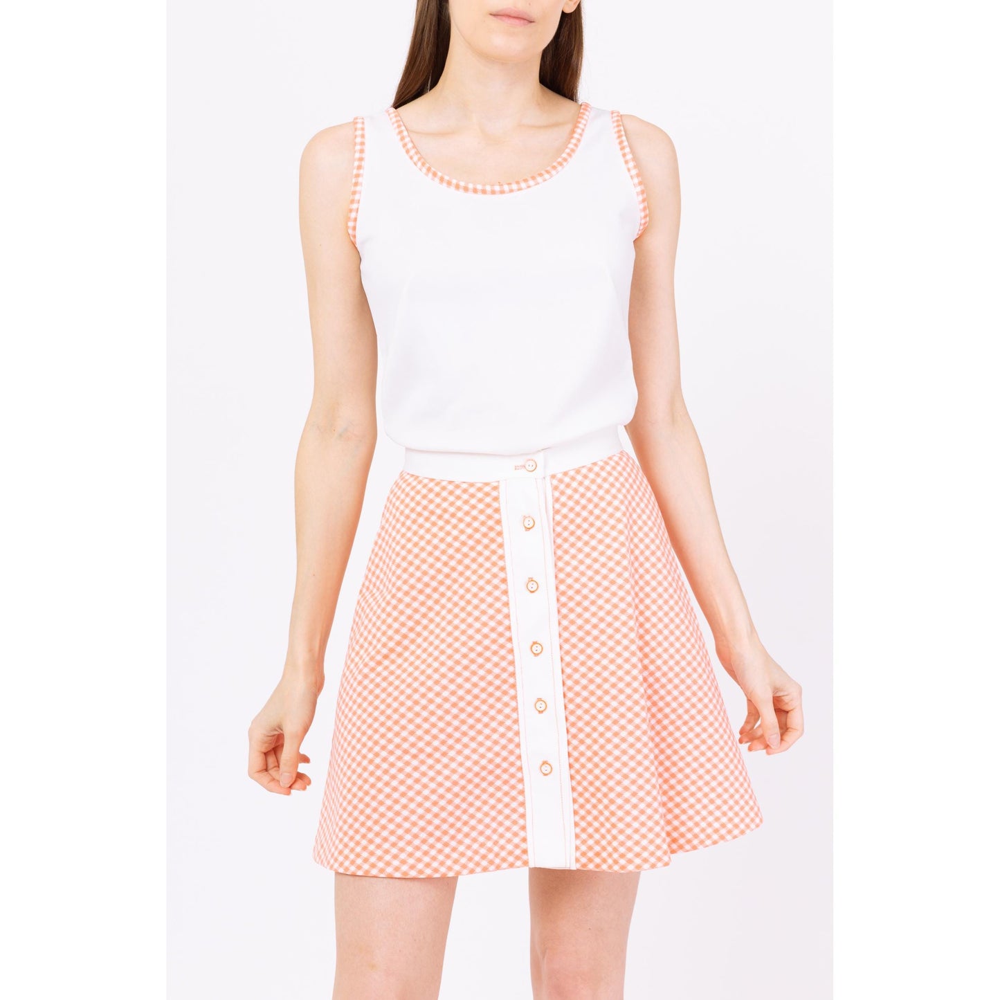 Vintage 70s Tennis Two Piece Skirt Set - Extra Small | White Orange Gingham Button Front Retro Sportswear Coquette Outfit