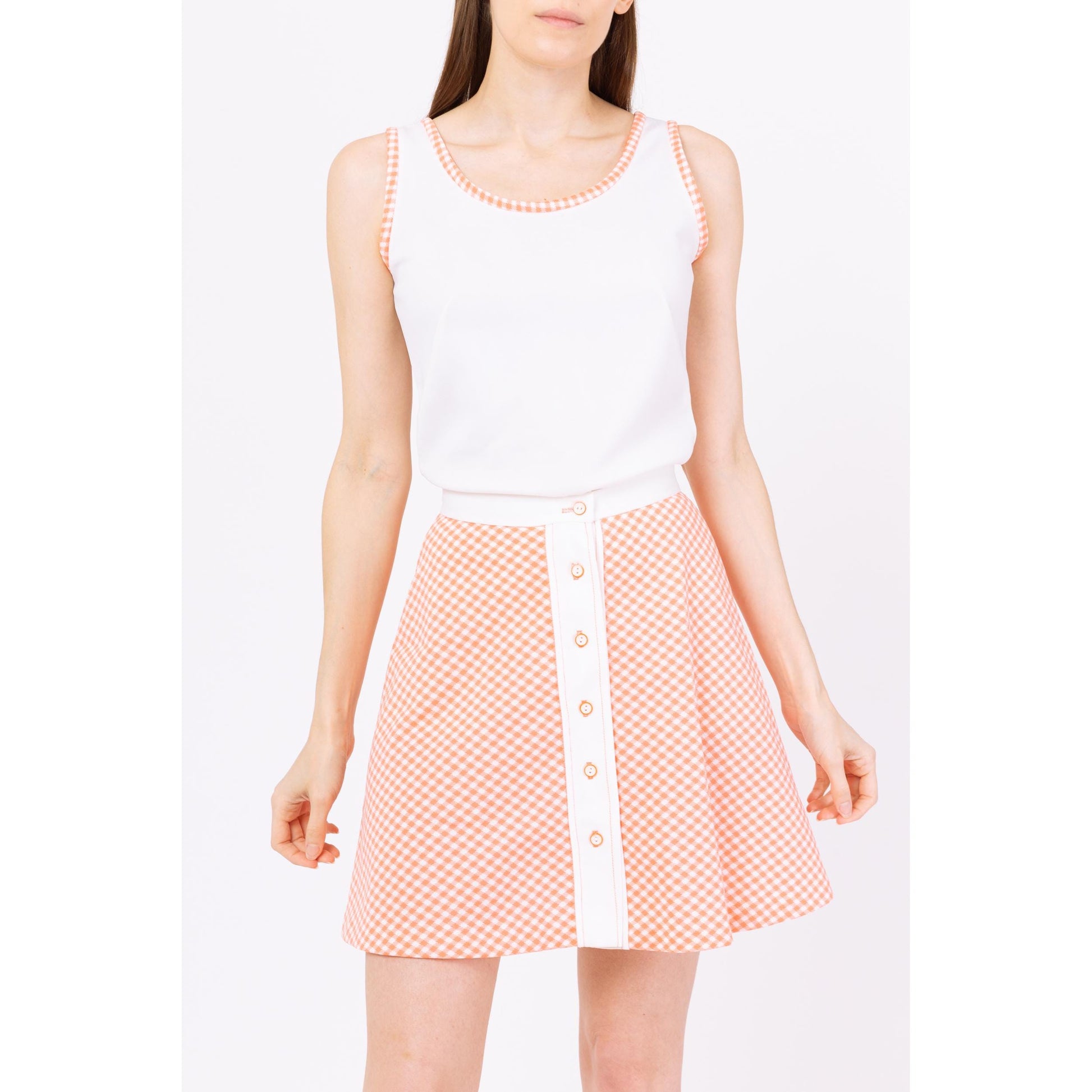 Vintage 70s Tennis Two Piece Skirt Set - Extra Small | White Orange Gingham Button Front Retro Sportswear Coquette Outfit