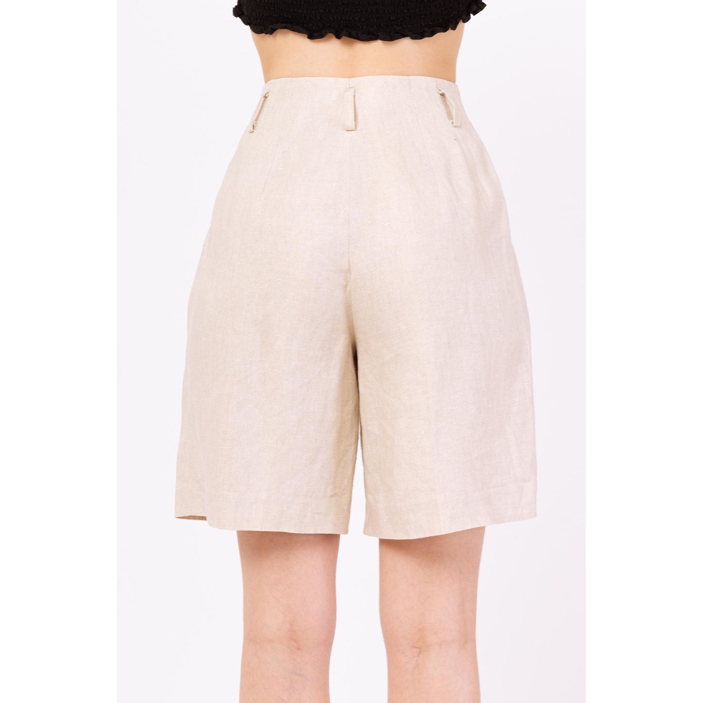 Vintage 90s Oatmeal Linen High Waisted Shorts - Extra Small, 24" Waist | Minimalist Khaki Wide Leg Pleated Long Inseam Shorts