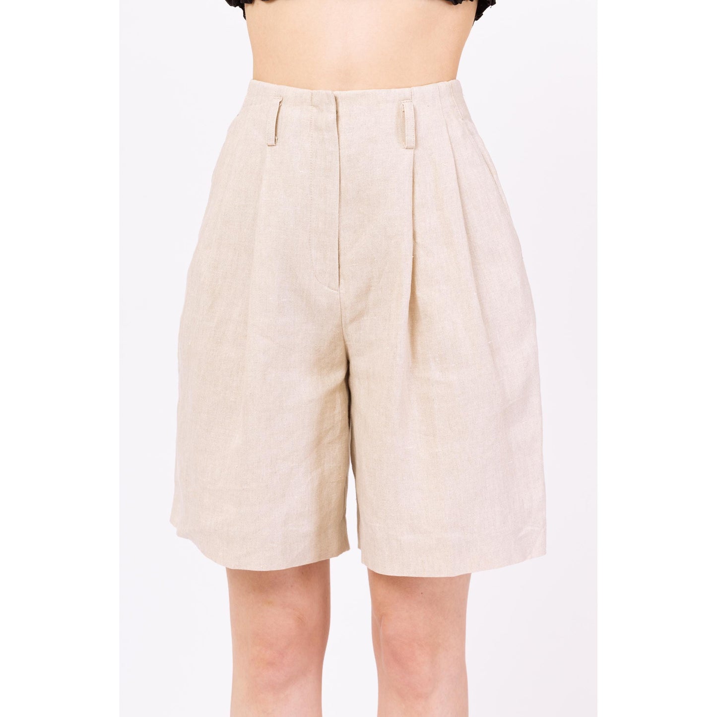 Vintage 90s Oatmeal Linen High Waisted Shorts - Extra Small, 24" Waist | Minimalist Khaki Wide Leg Pleated Long Inseam Shorts