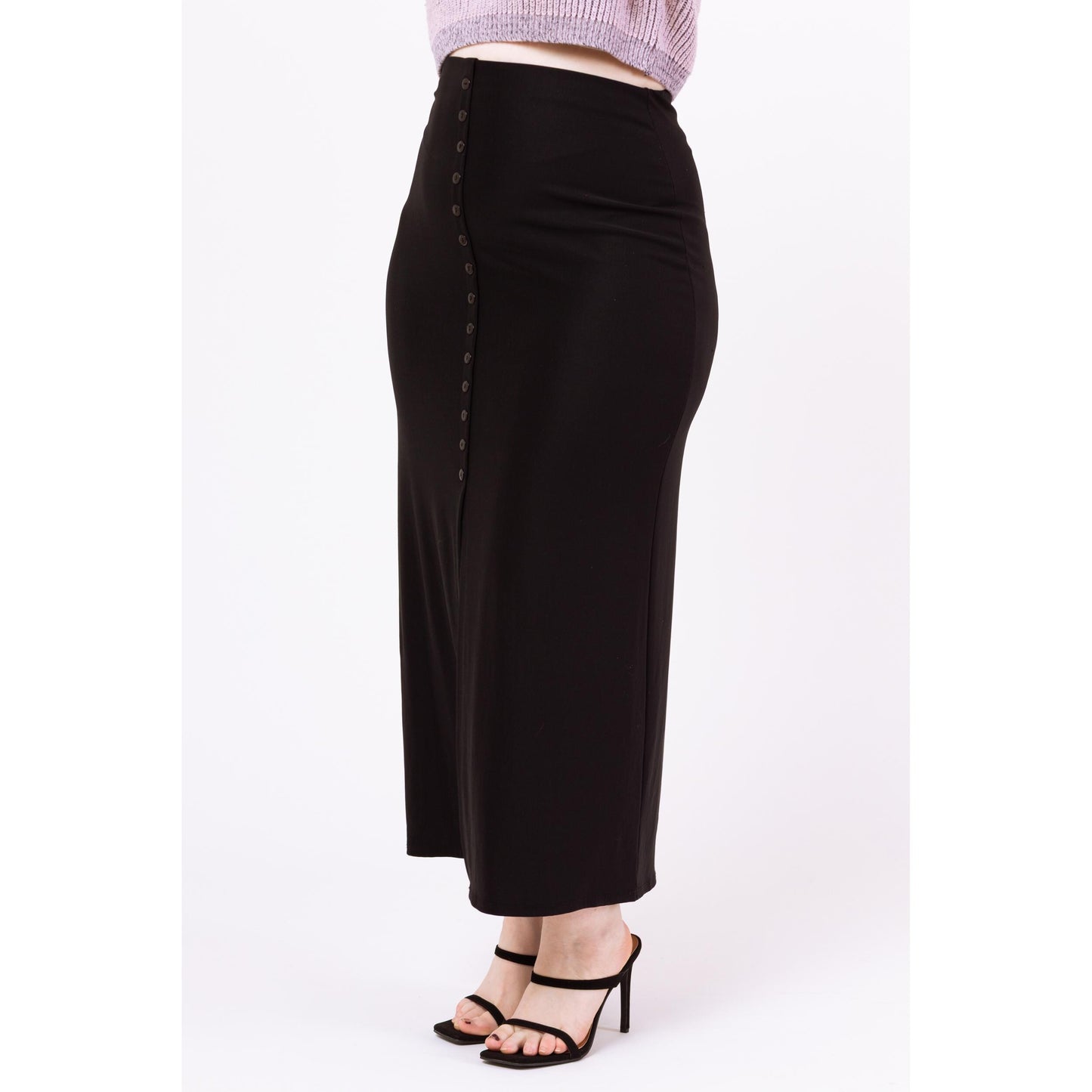 Vintage 90s Stretchy Black Minimalist Front Slit Maxi Skirt - Medium to Large | Ankle Length Grunge Slinky Button Up Pencil Skirt