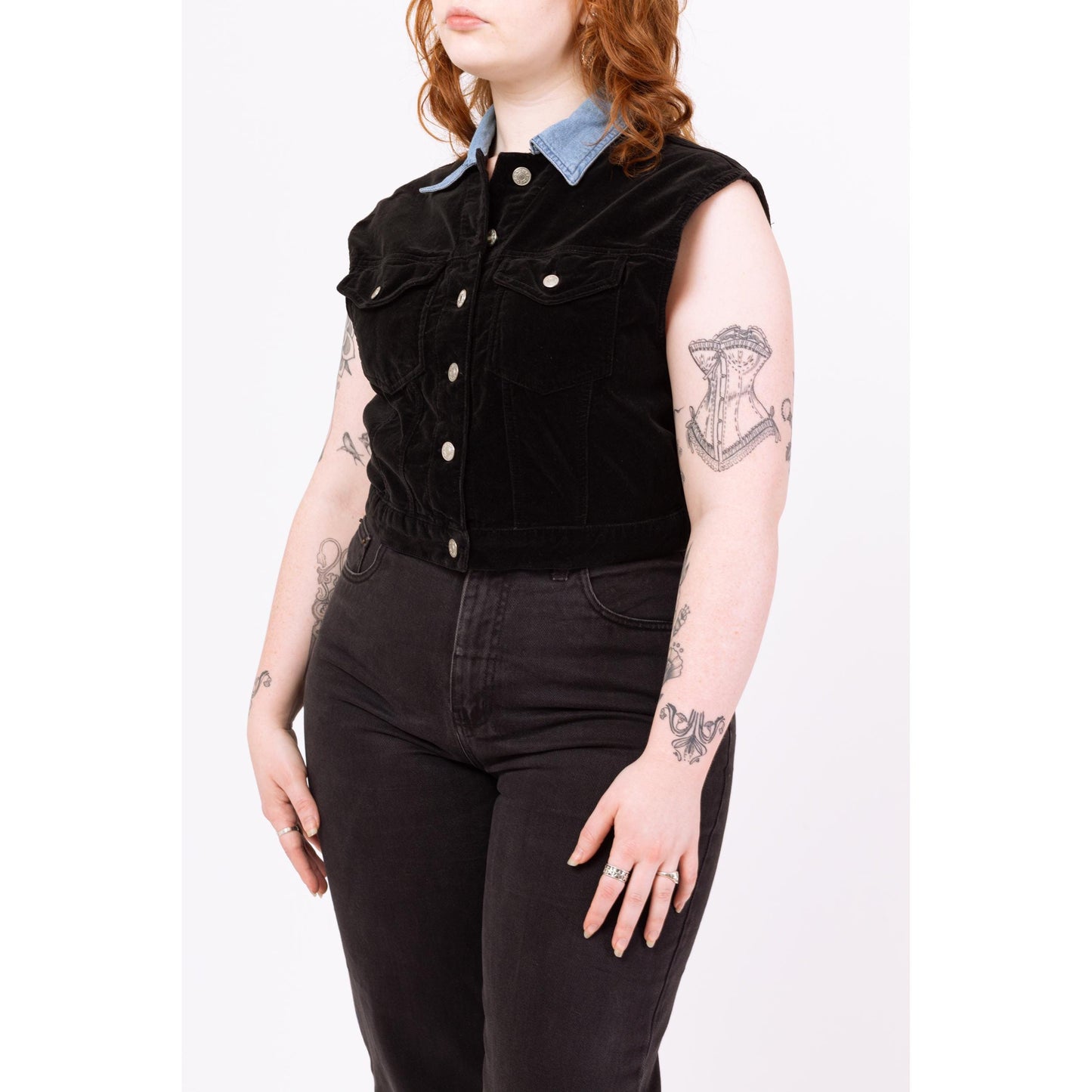 Vintage 90s Black Velvet Crop Top Vest - Large | Grunge Clothing, Sleeveless Denim Collared Shirt