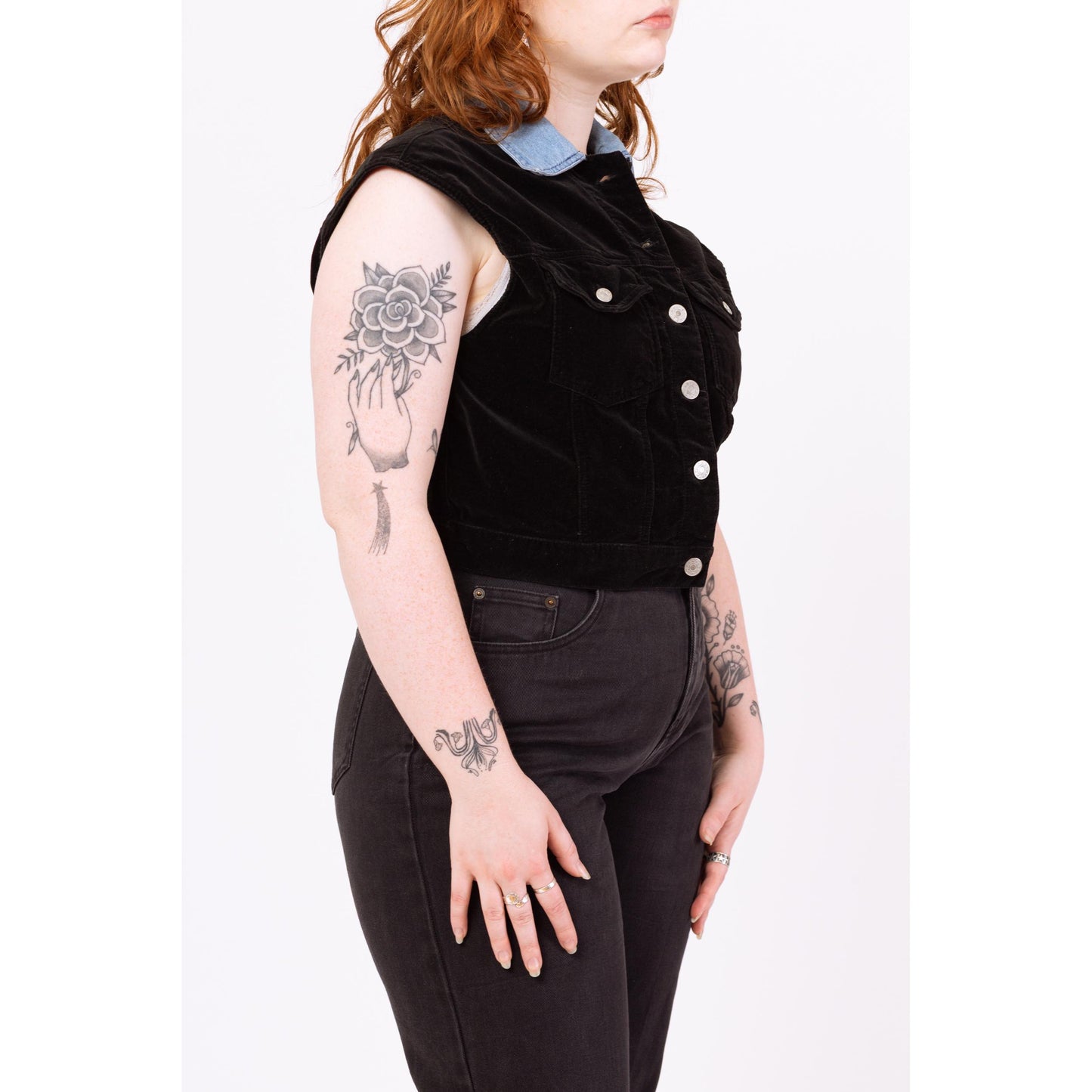 Vintage 90s Black Velvet Crop Top Vest - Large | Grunge Clothing, Sleeveless Denim Collared Shirt