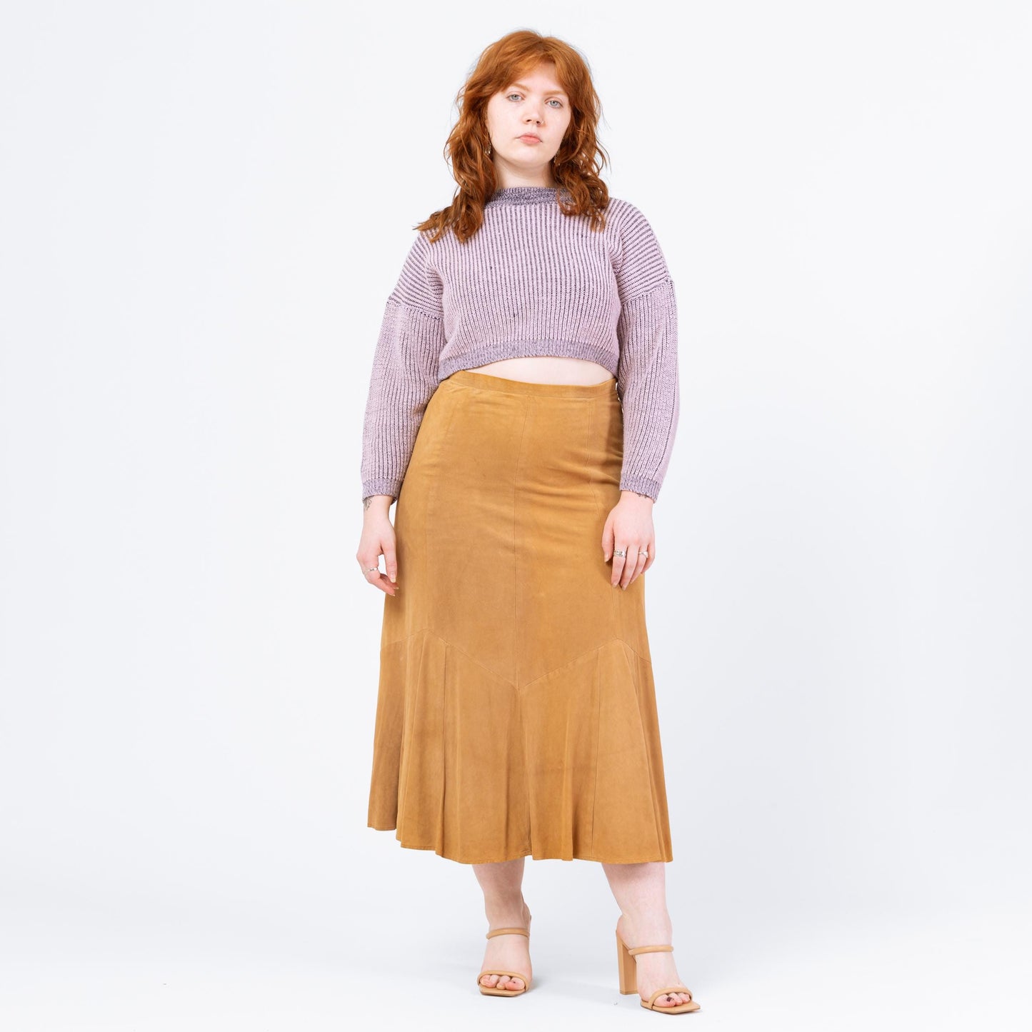 Vintage Y2K Boho Tan Suede Trumpet Hem Maxi Skirt - Large, 32.5" Waist | Overland Outfitters Leather High Waisted Long Western Skirt