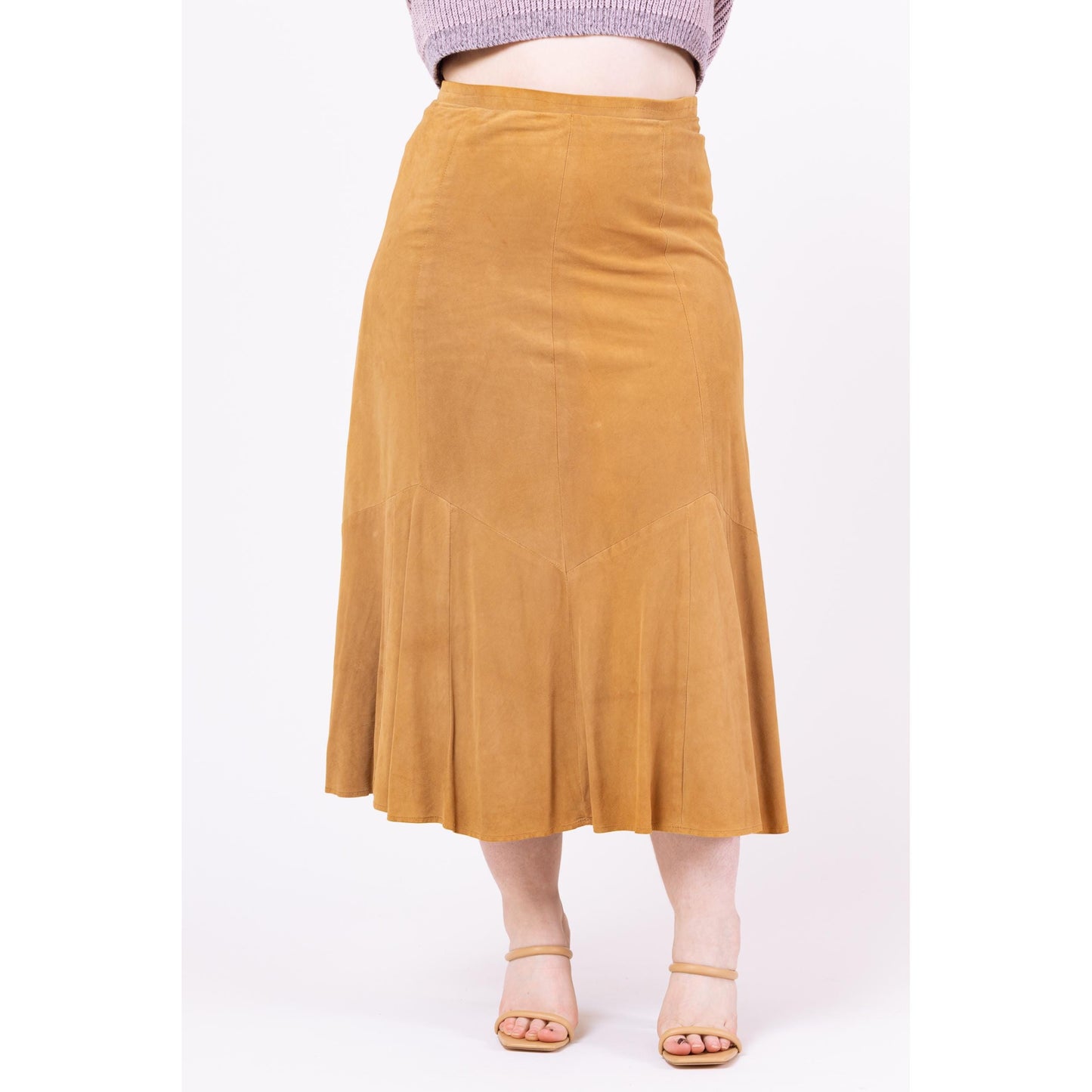 Vintage Y2K Boho Tan Suede Trumpet Hem Maxi Skirt - Large, 32.5" Waist | Overland Outfitters Leather High Waisted Long Western Skirt