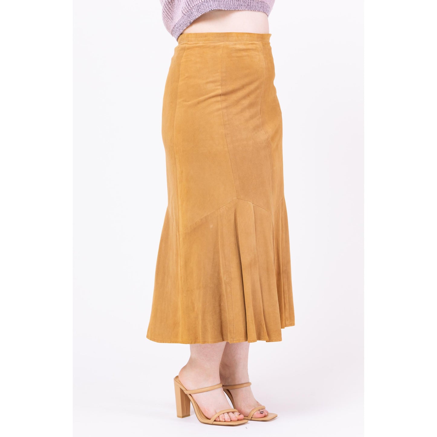 Vintage Y2K Boho Tan Suede Trumpet Hem Maxi Skirt - Large, 32.5" Waist | Overland Outfitters Leather High Waisted Long Western Skirt