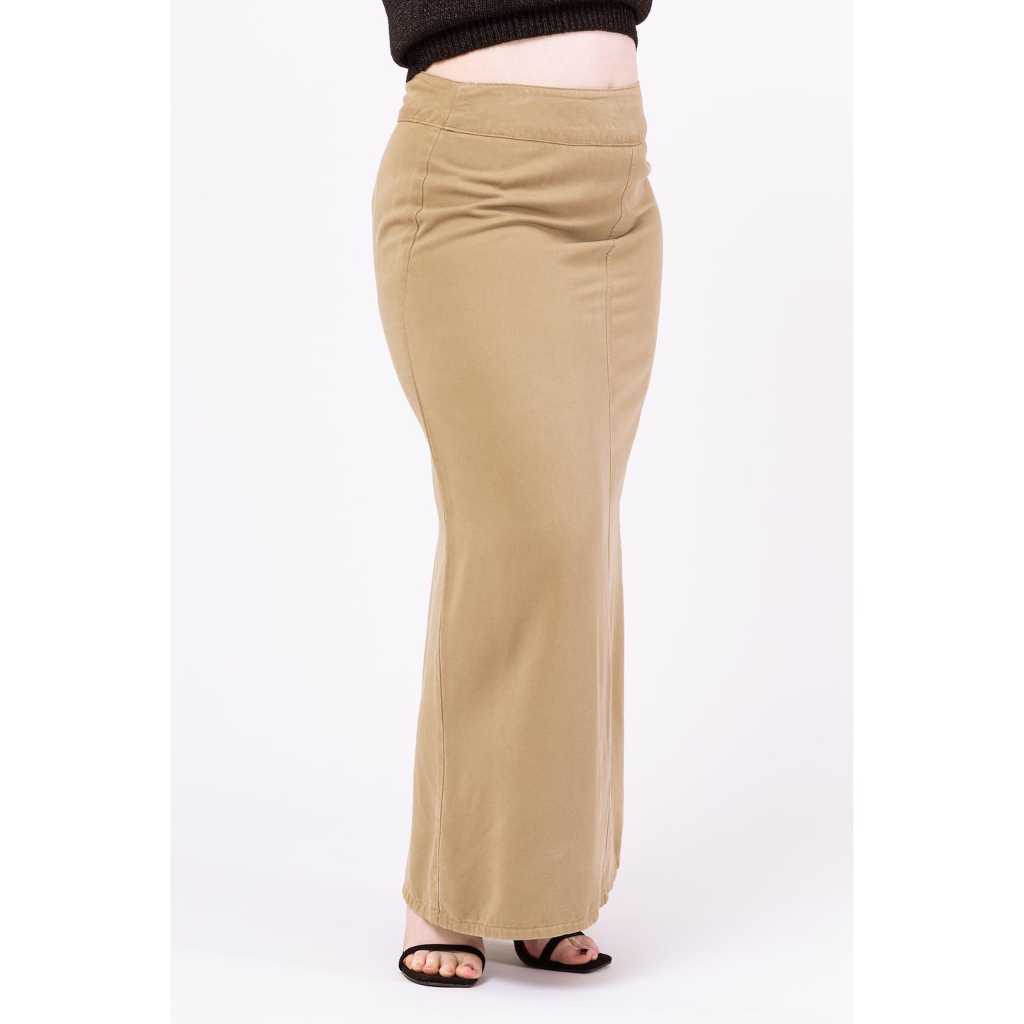 Vintage 90s Minimalist Soft Khaki Maxi Skirt - Large, 33" Waist | High Waisted Long Straight Skirt, Boho Earth Tone Neutral Skirt