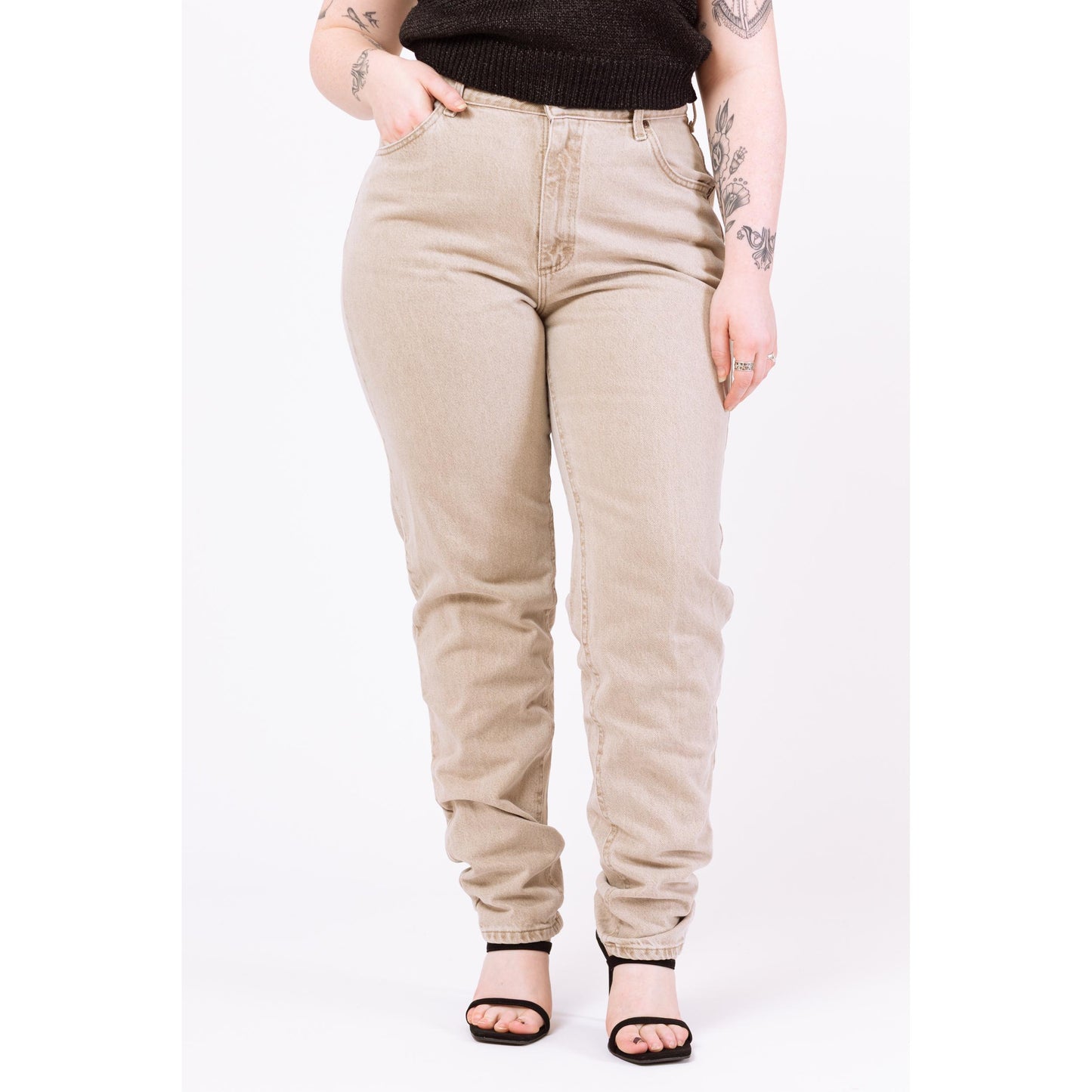 Vintage 90s Lee Light Taupe High Waisted Jeans - Large Tall, 31" Waist | Denim Tapered Leg Long Inseam Mom Jeans, Western Yoke Jeans