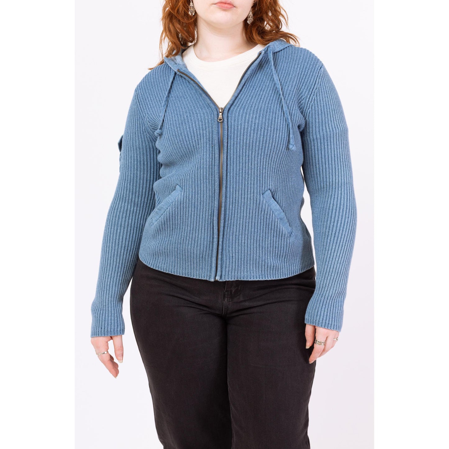 Vintage Y2K Ralph Lauren Dusty Blue Ribbed Knit Hoodie - Medium to Large | Cotton Zip Up Hooded Cardigan, Preppy Sweater Jacket