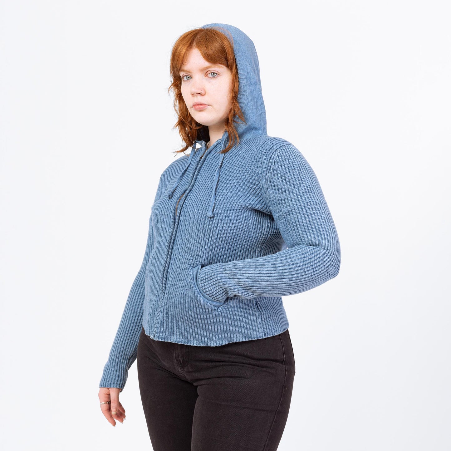 Vintage Y2K Ralph Lauren Dusty Blue Ribbed Knit Hoodie - Medium to Large | Cotton Zip Up Hooded Cardigan, Preppy Sweater Jacket