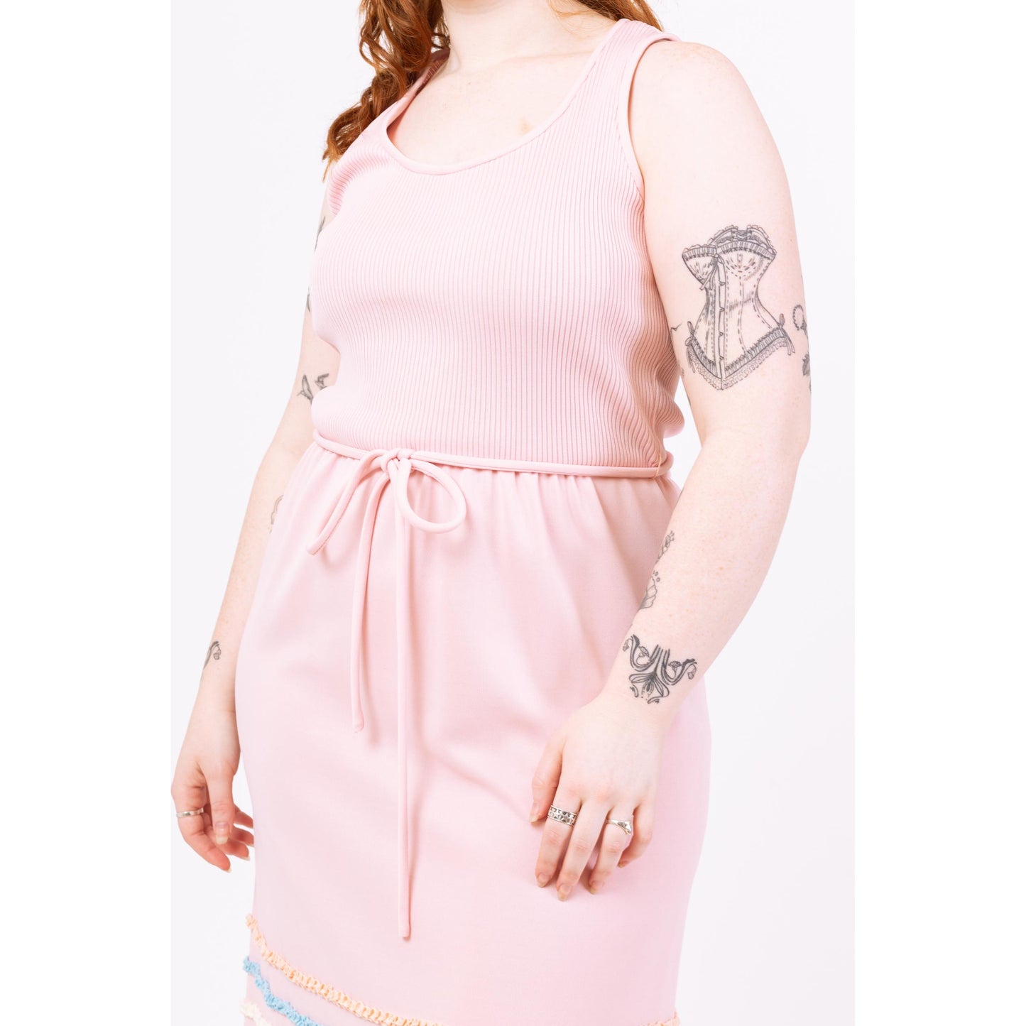 Vintage 70s Pastel Pink Cupcake Ruffle Stripe Maxi Dress - Medium | Retro Sleeveless A Line Easter Party Spring Hostess Gown