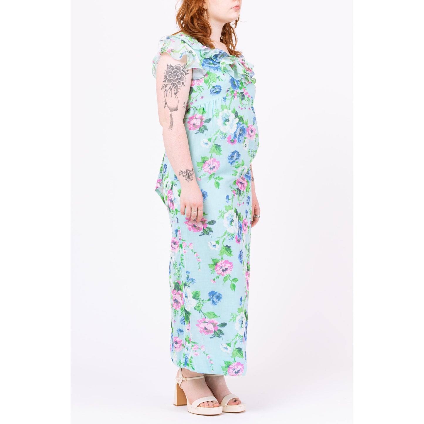 Vintage 70s Boho Blue Floral Flutter Sleeve Maxi Dress - Medium | Toni Lynn Empire Waist Garden Party Dress, Retro Wedding Guest Dress
