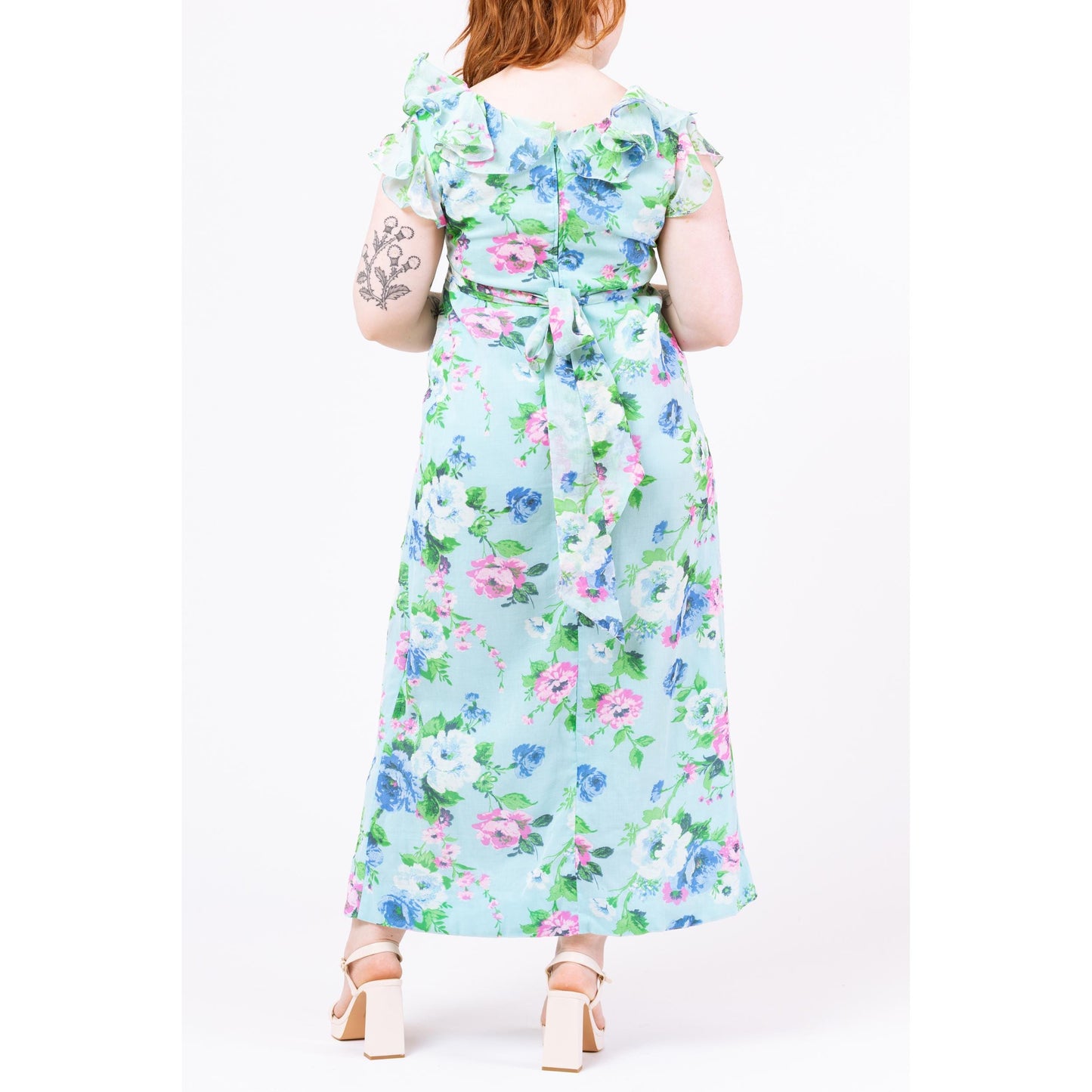 Vintage 70s Boho Blue Floral Flutter Sleeve Maxi Dress - Medium | Toni Lynn Empire Waist Garden Party Dress, Retro Wedding Guest Dress