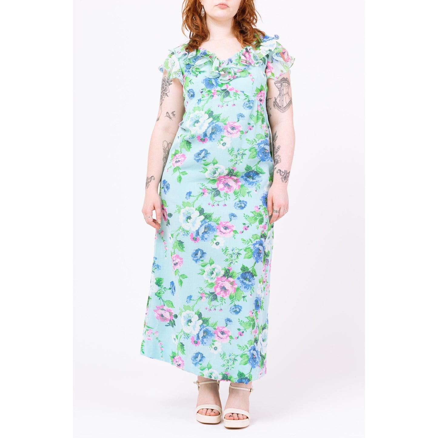 Vintage 70s Boho Blue Floral Flutter Sleeve Maxi Dress - Medium | Toni Lynn Empire Waist Garden Party Dress, Retro Wedding Guest Dress