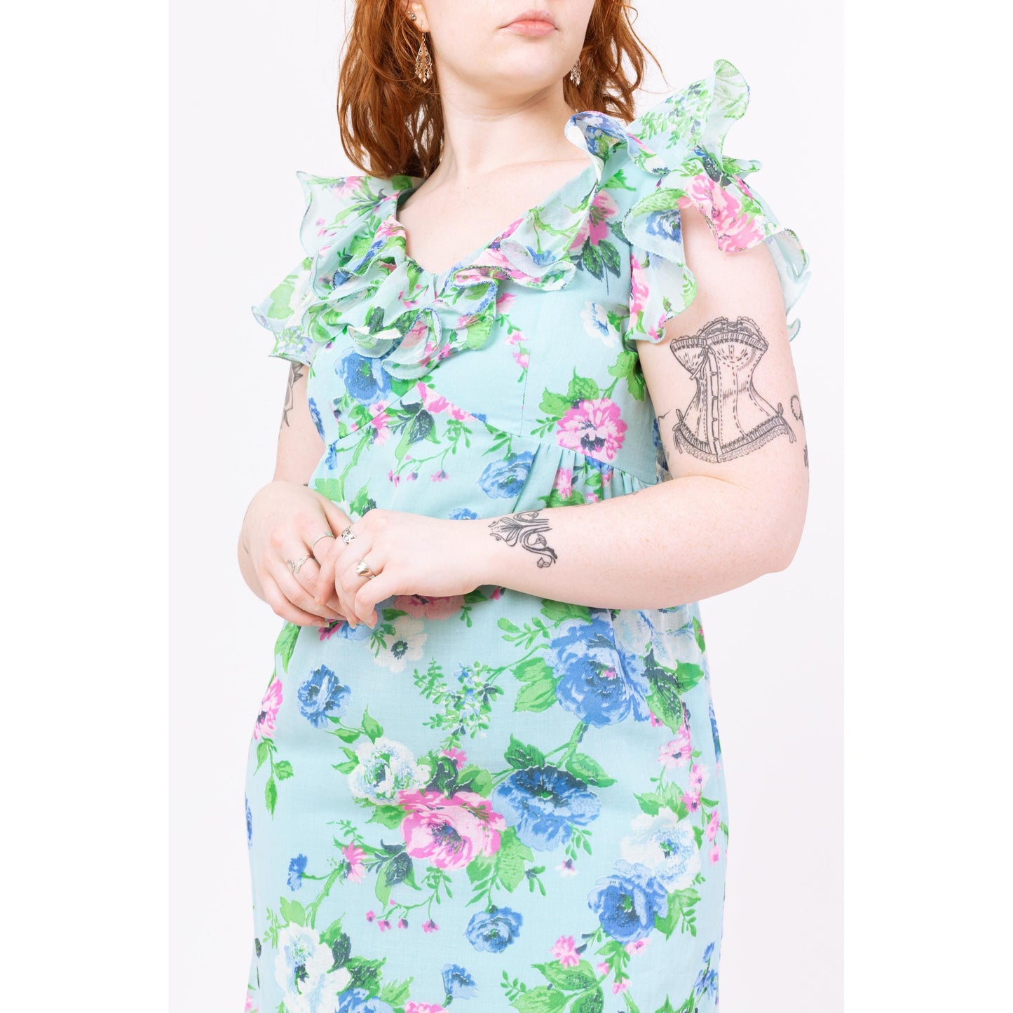 Vintage 70s Boho Blue Floral Flutter Sleeve Maxi Dress - Medium | Toni Lynn Empire Waist Garden Party Dress, Retro Wedding Guest Dress