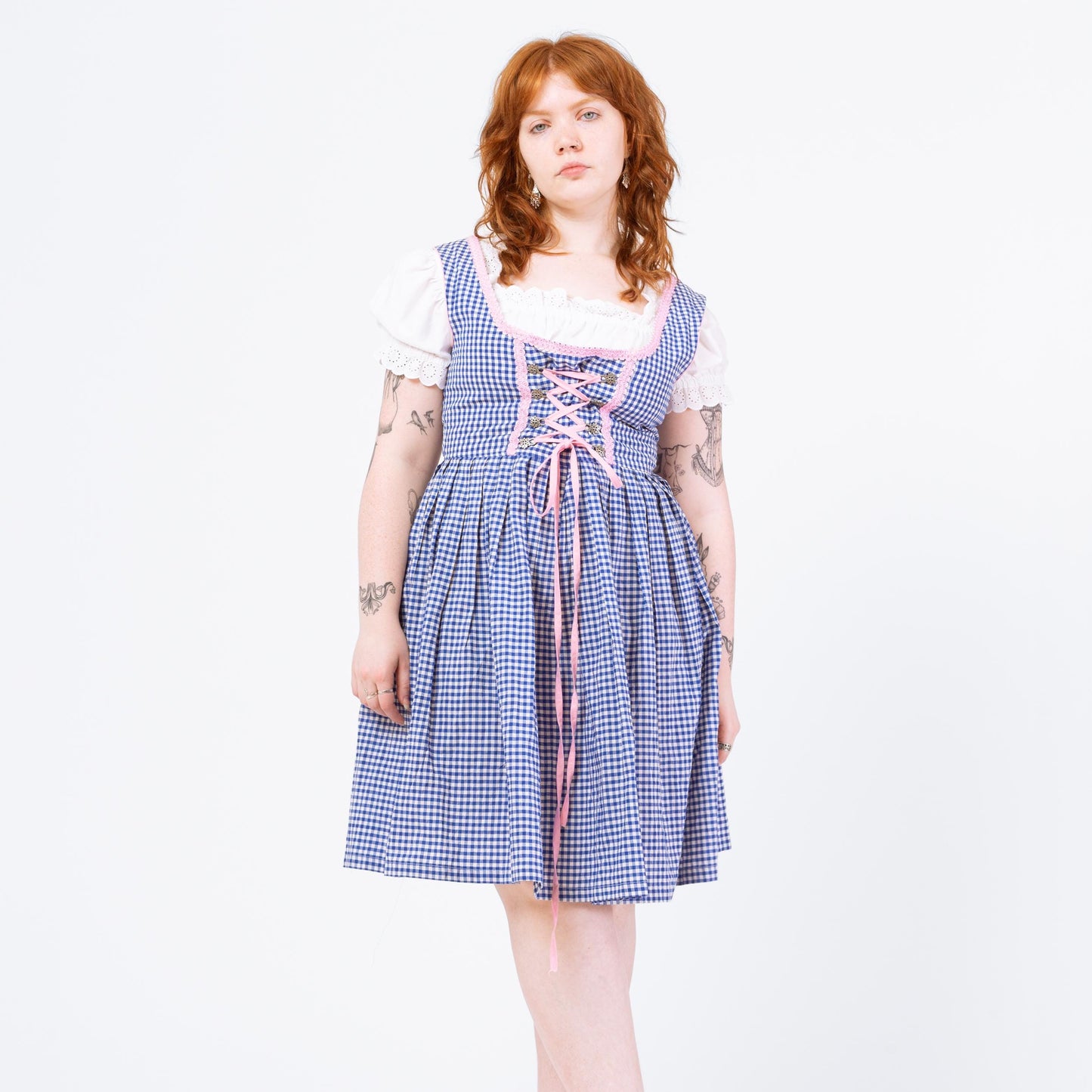 Retro Blue & White Gingham Dirndl Midi Dress - Large | German Octoberfest Costume Sleeveless Fit Flare Folk Trachten Cottagecore Dress
