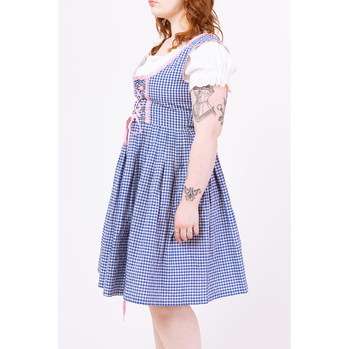 Retro Blue & White Gingham Dirndl Midi Dress - Large | German Octoberfest Costume Sleeveless Fit Flare Folk Trachten Cottagecore Dress