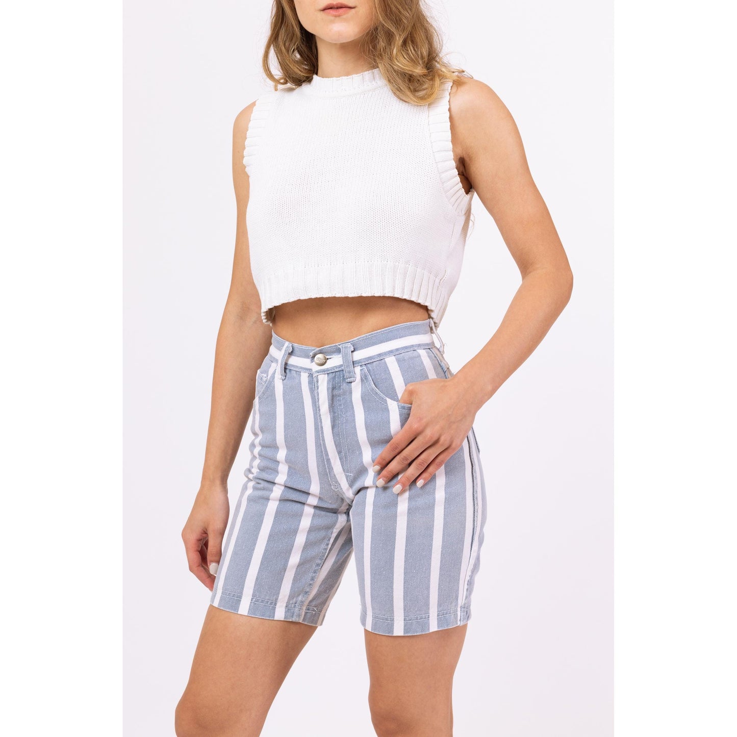 Vintage 80s Blue & White Striped Jean Shorts - XXS, 23" Waist | High Waisted Denim Bermuda Shorts, Streetwear Summer Shorts