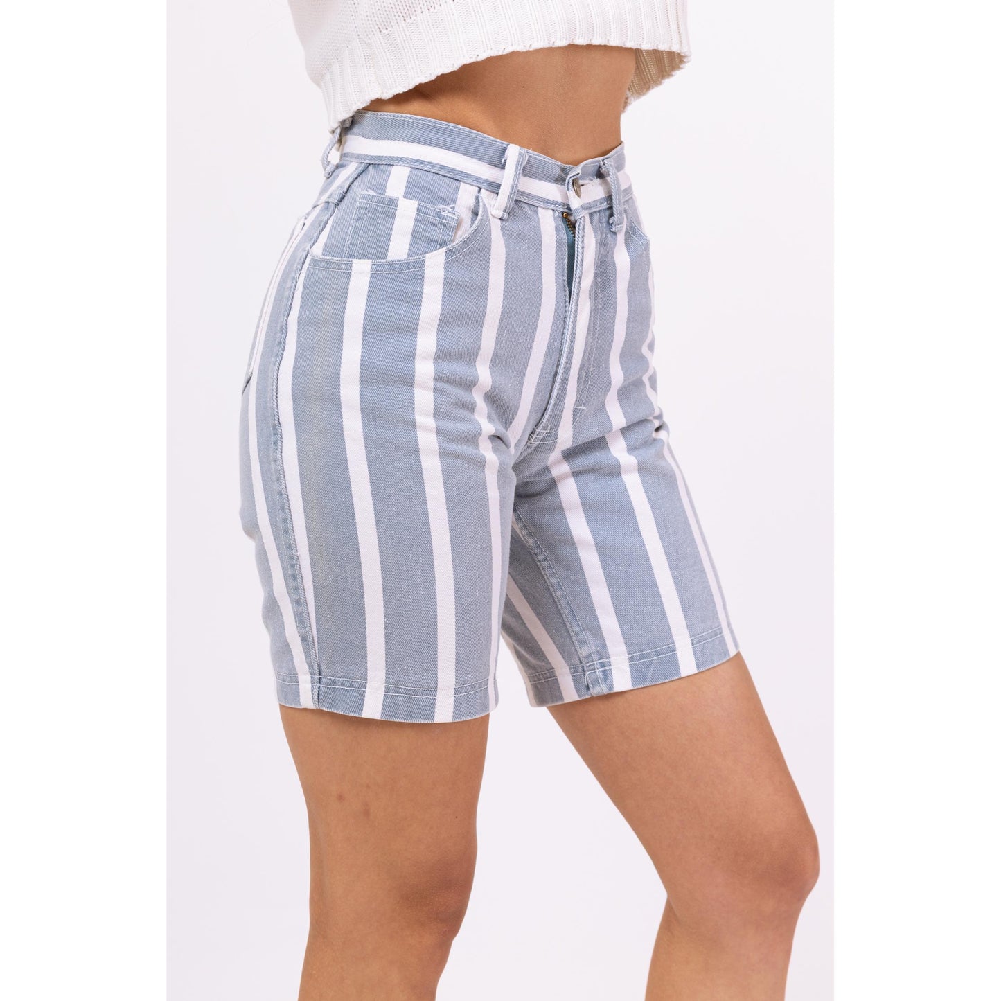 Vintage 80s Blue & White Striped Jean Shorts - XXS, 23" Waist | High Waisted Denim Bermuda Shorts, Streetwear Summer Shorts