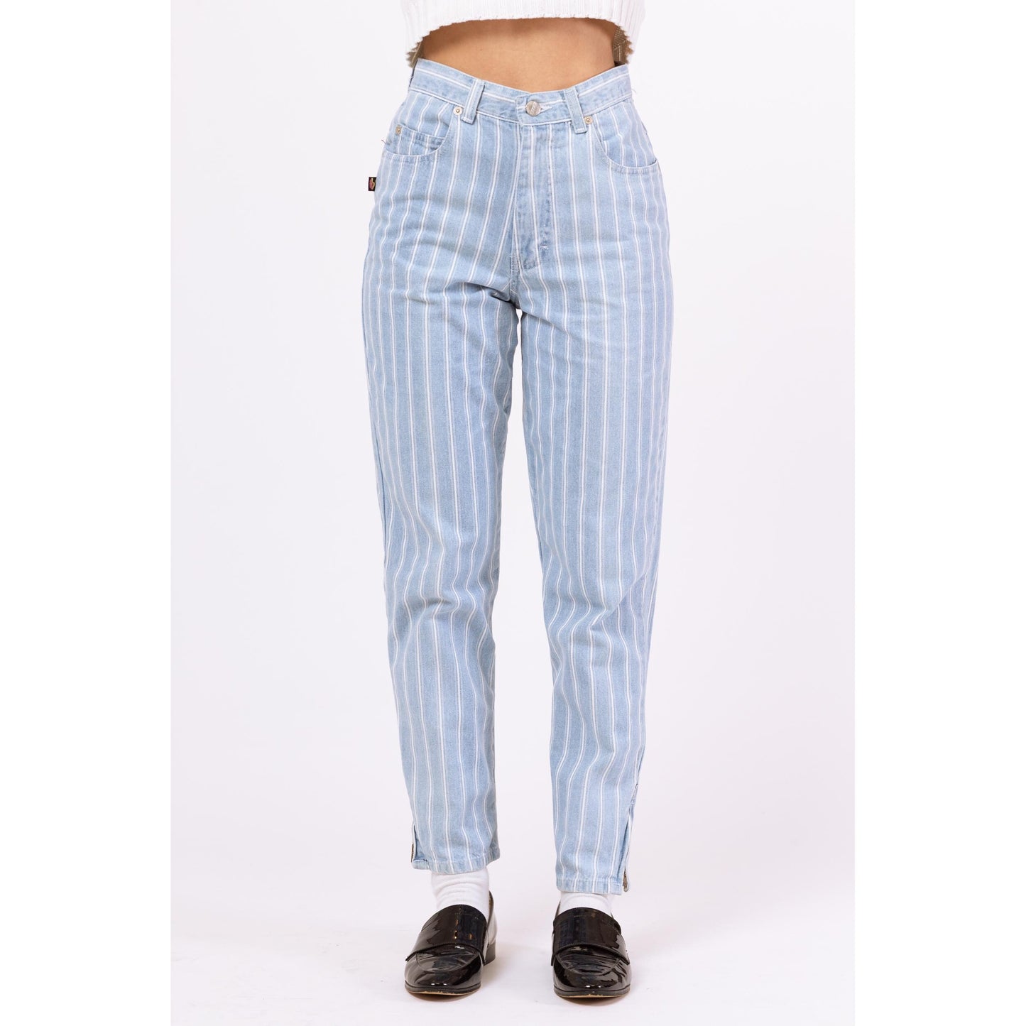 Vintage 80s Pinstriped High Waisted Jeans - Extra Small, 25" Waist | Light Blue Striped Denim Tapered Leg Casual Mom Jeans