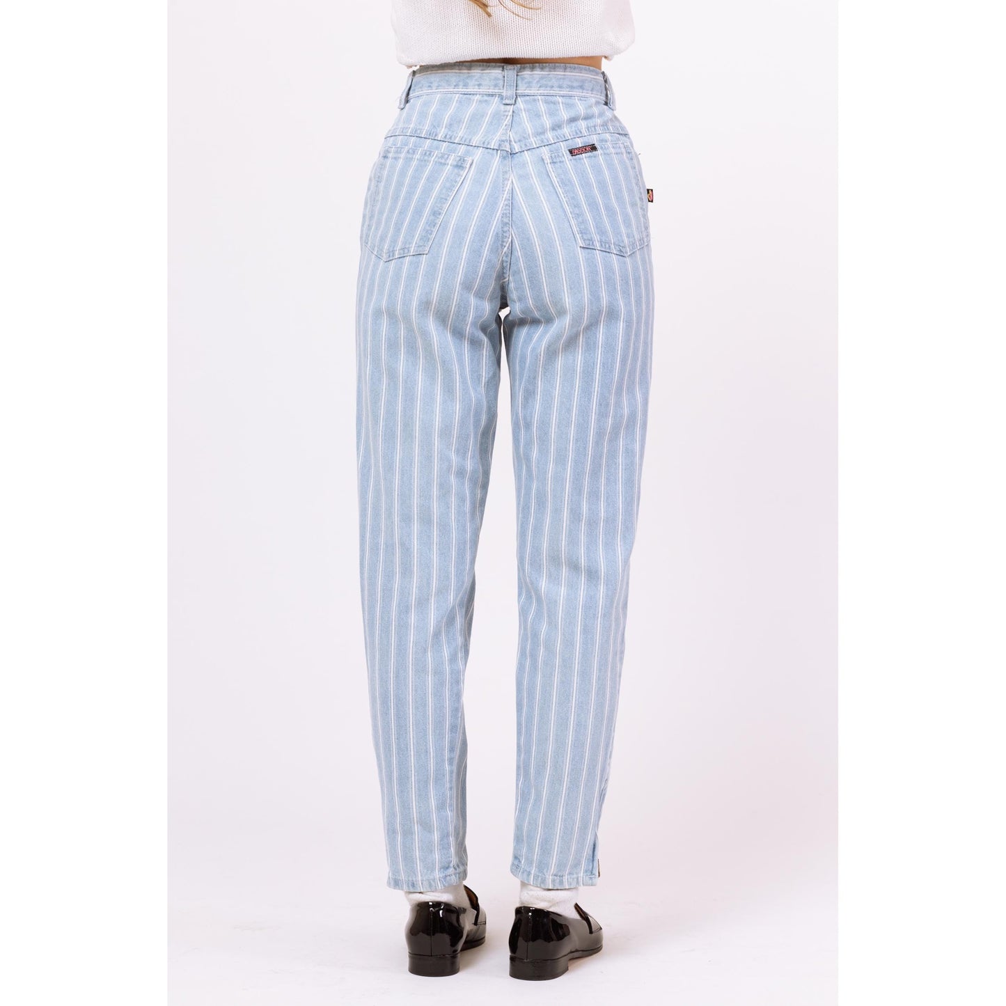 Vintage 80s Pinstriped High Waisted Jeans - Extra Small, 25" Waist | Light Blue Striped Denim Tapered Leg Casual Mom Jeans