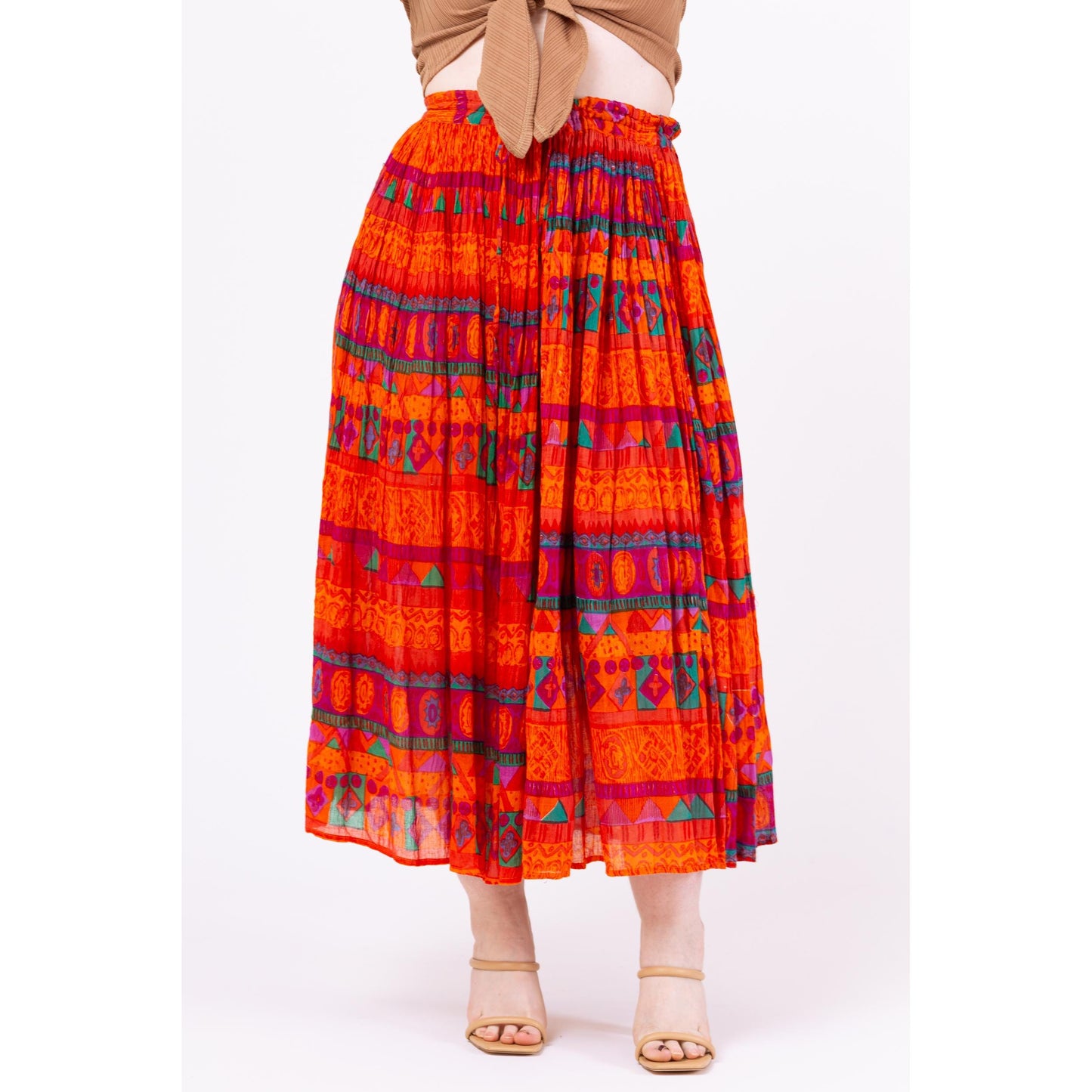 Vintage 90s Boho Orange Geometric Broomstick Skirt - Medium | Boho Gauzy Cotton Hippie Skirt, Long Flowy Skirt