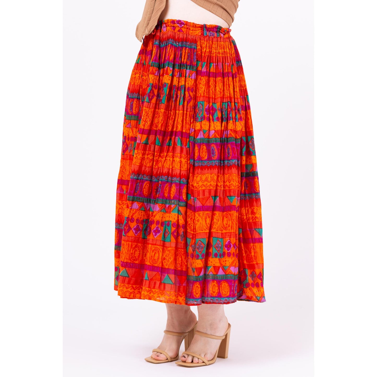 Vintage 90s Boho Orange Geometric Broomstick Skirt - Medium | Boho Gauzy Cotton Hippie Skirt, Long Flowy Skirt