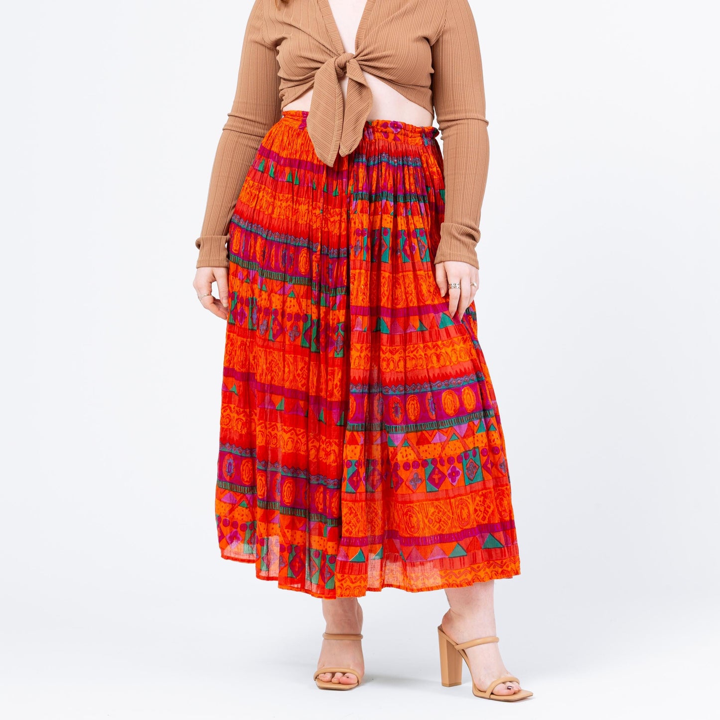 Vintage 90s Boho Orange Geometric Broomstick Skirt - Medium | Boho Gauzy Cotton Hippie Skirt, Long Flowy Skirt