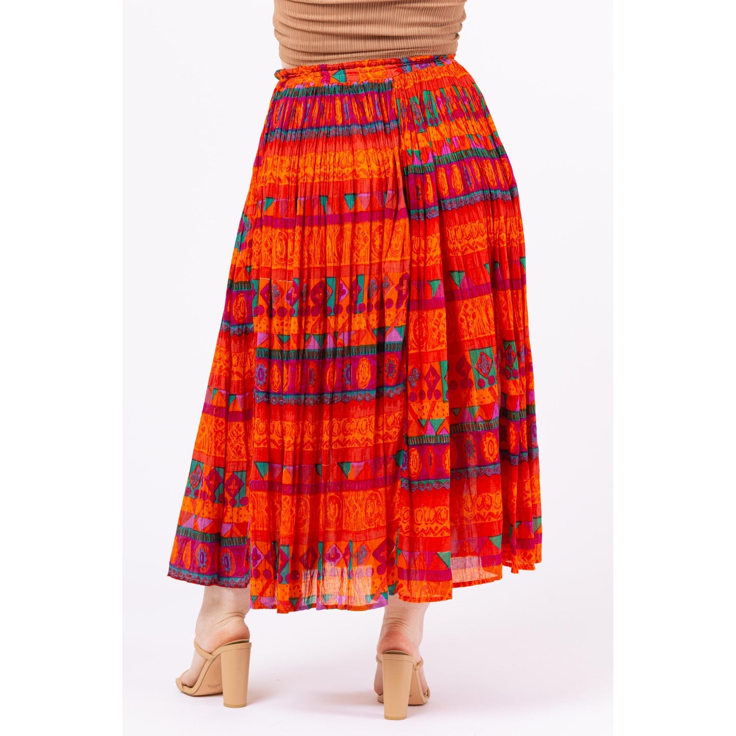 Vintage 90s Boho Orange Geometric Broomstick Skirt - Medium | Boho Gauzy Cotton Hippie Skirt, Long Flowy Skirt