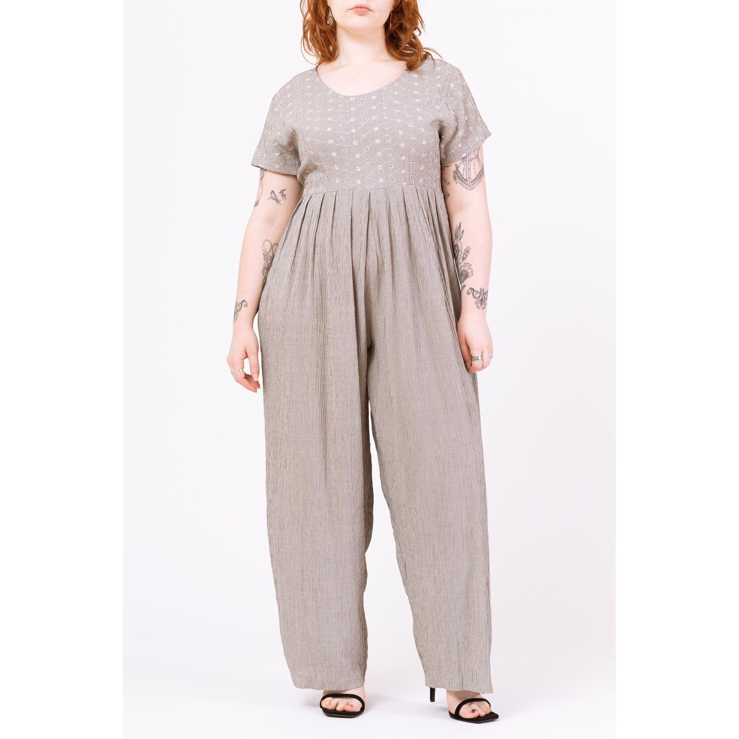 Vintage 90s Black & White Floral Houndstooth Jumpsuit - Large to XL | Eyelet Bodice Wide Leg Grunge Pantsuit