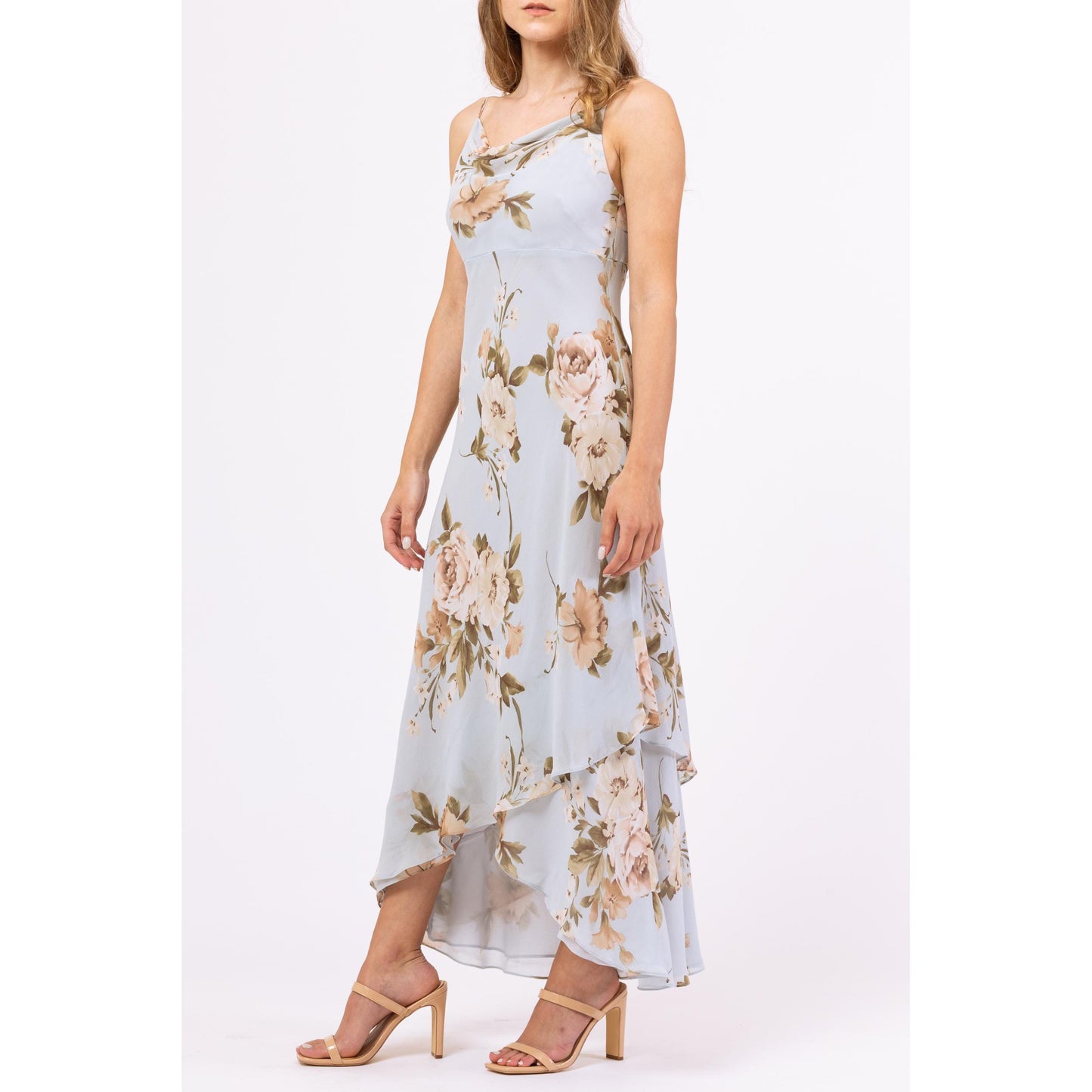 Vintage Y2K Blue Floral Silk Bias Cut Maxi Dress - Extra Small, Size 2 | Ann Taylor Summer Wedding Guest Dress, Formal Garden Party Dress