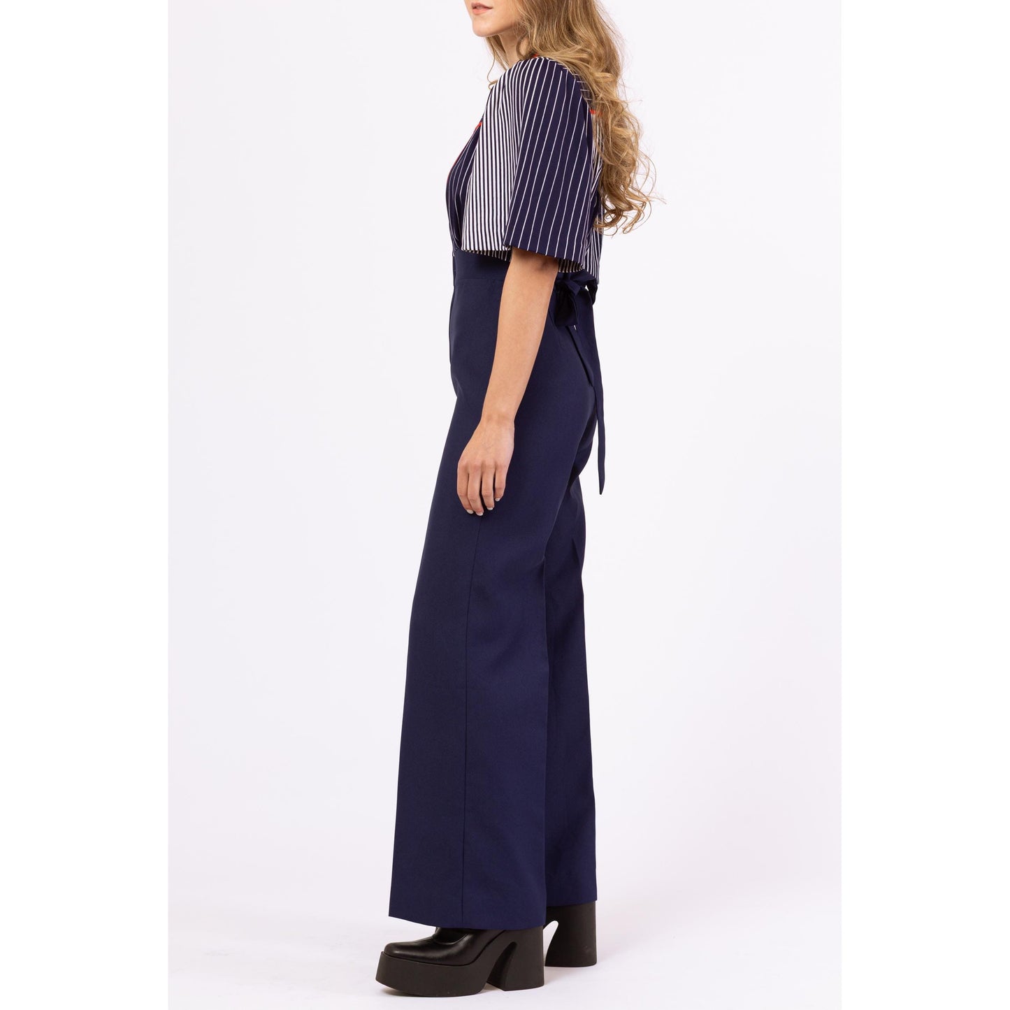 Vintage 70s Navy Blue Striped Disco Jumpsuit - Extra Small | Retro Flutter Sleeve Flared Leg One Piece Outfit Pantsuit