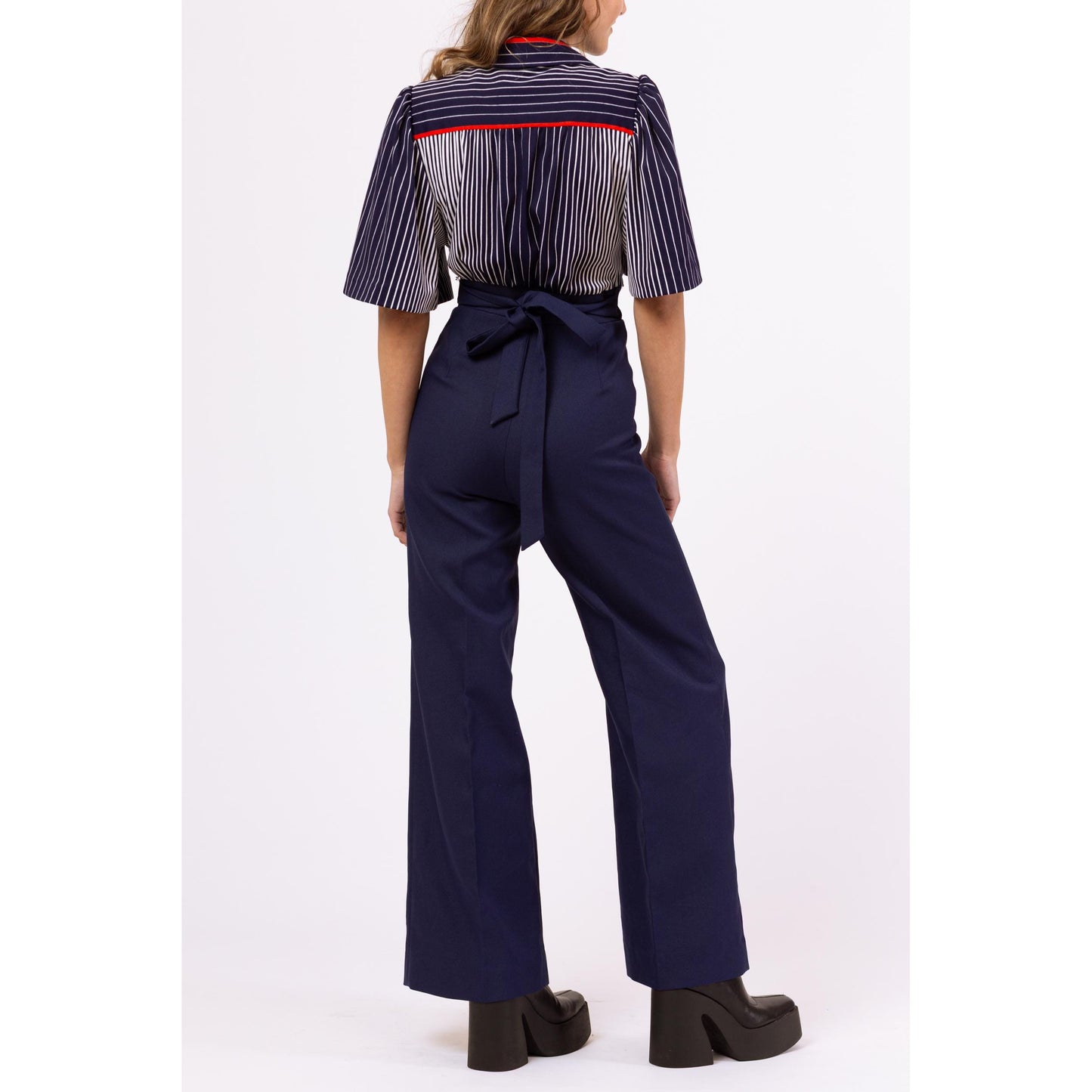 Vintage 70s Navy Blue Striped Disco Jumpsuit - Extra Small | Retro Flutter Sleeve Flared Leg One Piece Outfit Pantsuit