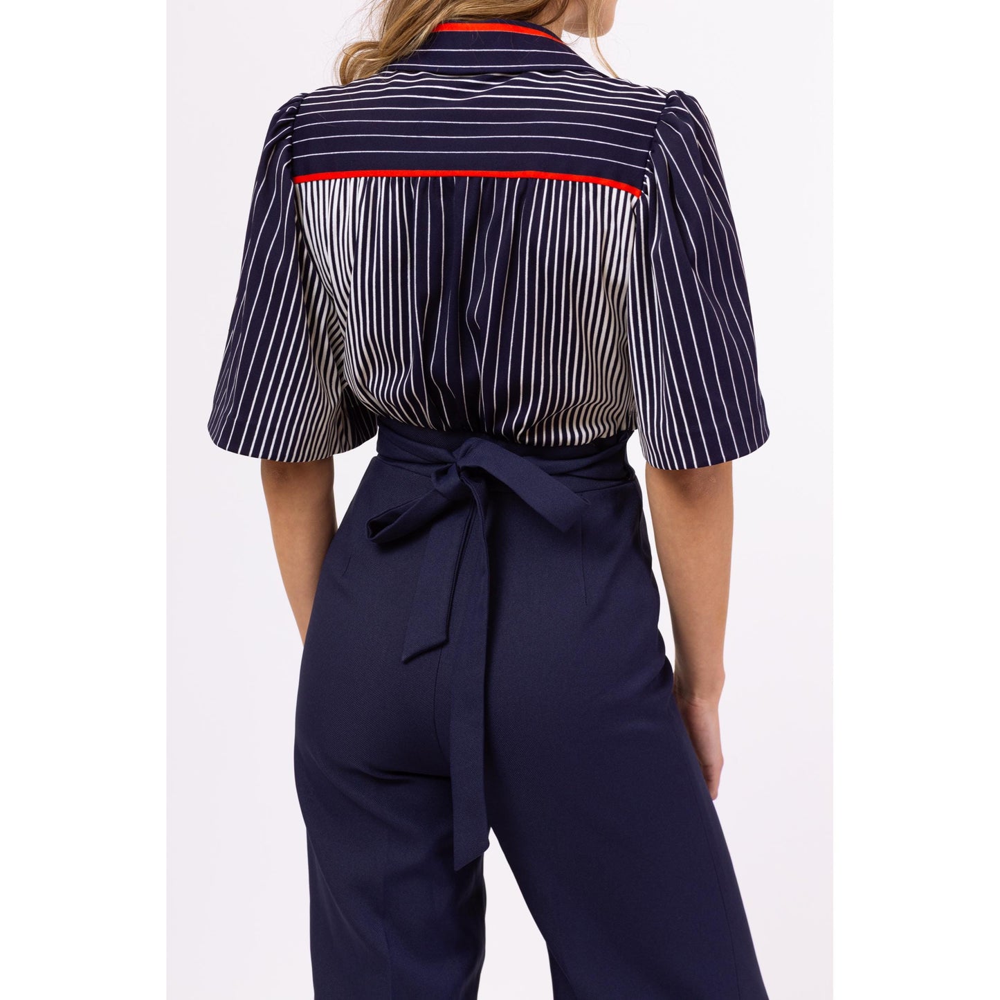 Vintage 70s Navy Blue Striped Disco Jumpsuit - Extra Small | Retro Flutter Sleeve Flared Leg One Piece Outfit Pantsuit
