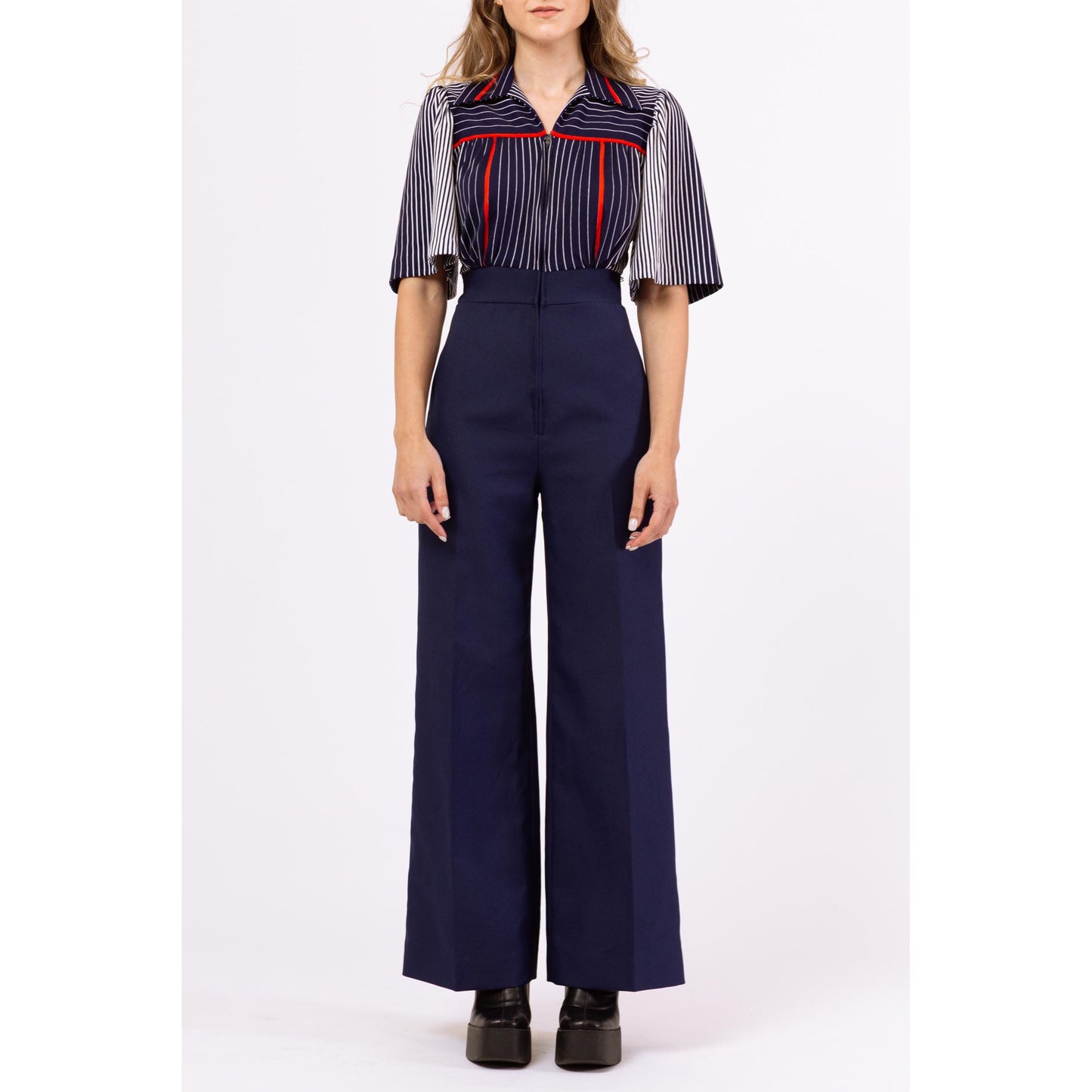 Vintage 70s Navy Blue Striped Disco Jumpsuit - Extra Small | Retro Flutter Sleeve Flared Leg One Piece Outfit Pantsuit
