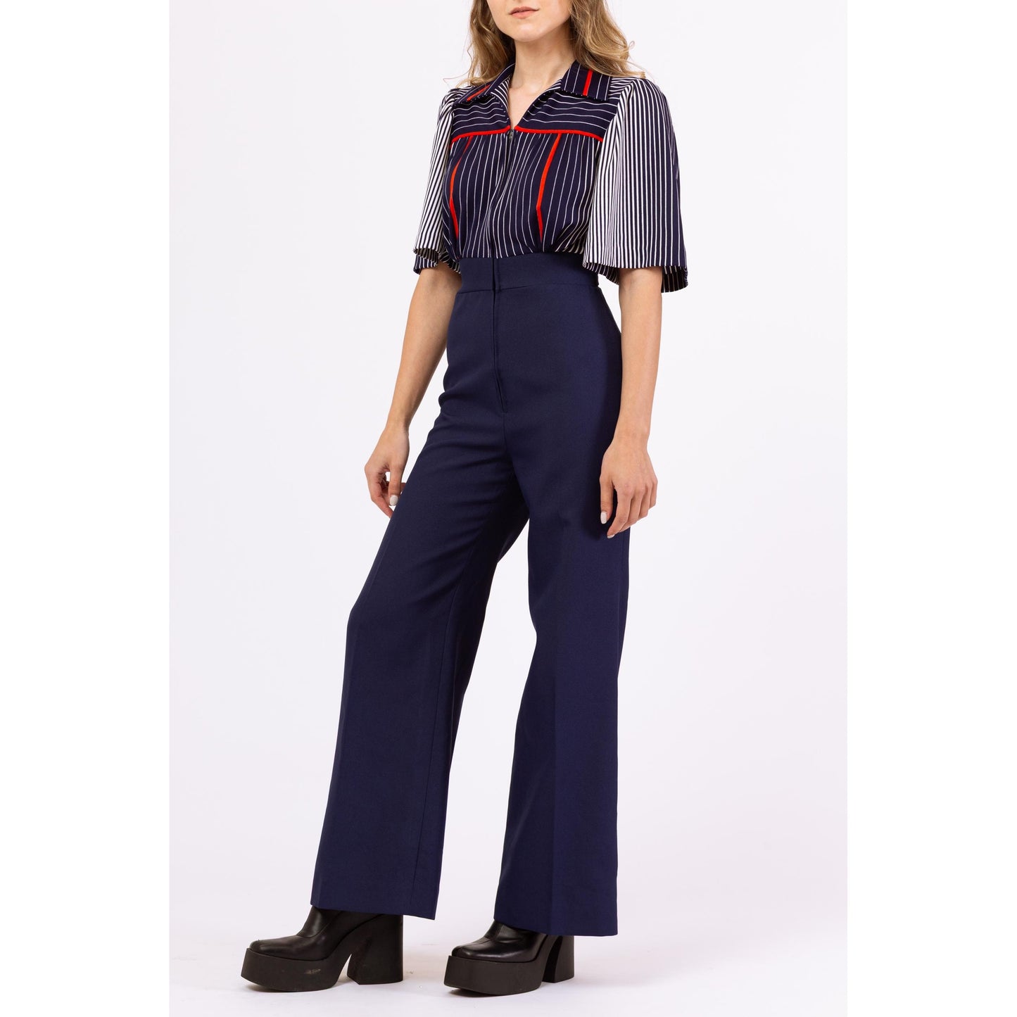 Vintage 70s Navy Blue Striped Disco Jumpsuit - Extra Small | Retro Flutter Sleeve Flared Leg One Piece Outfit Pantsuit